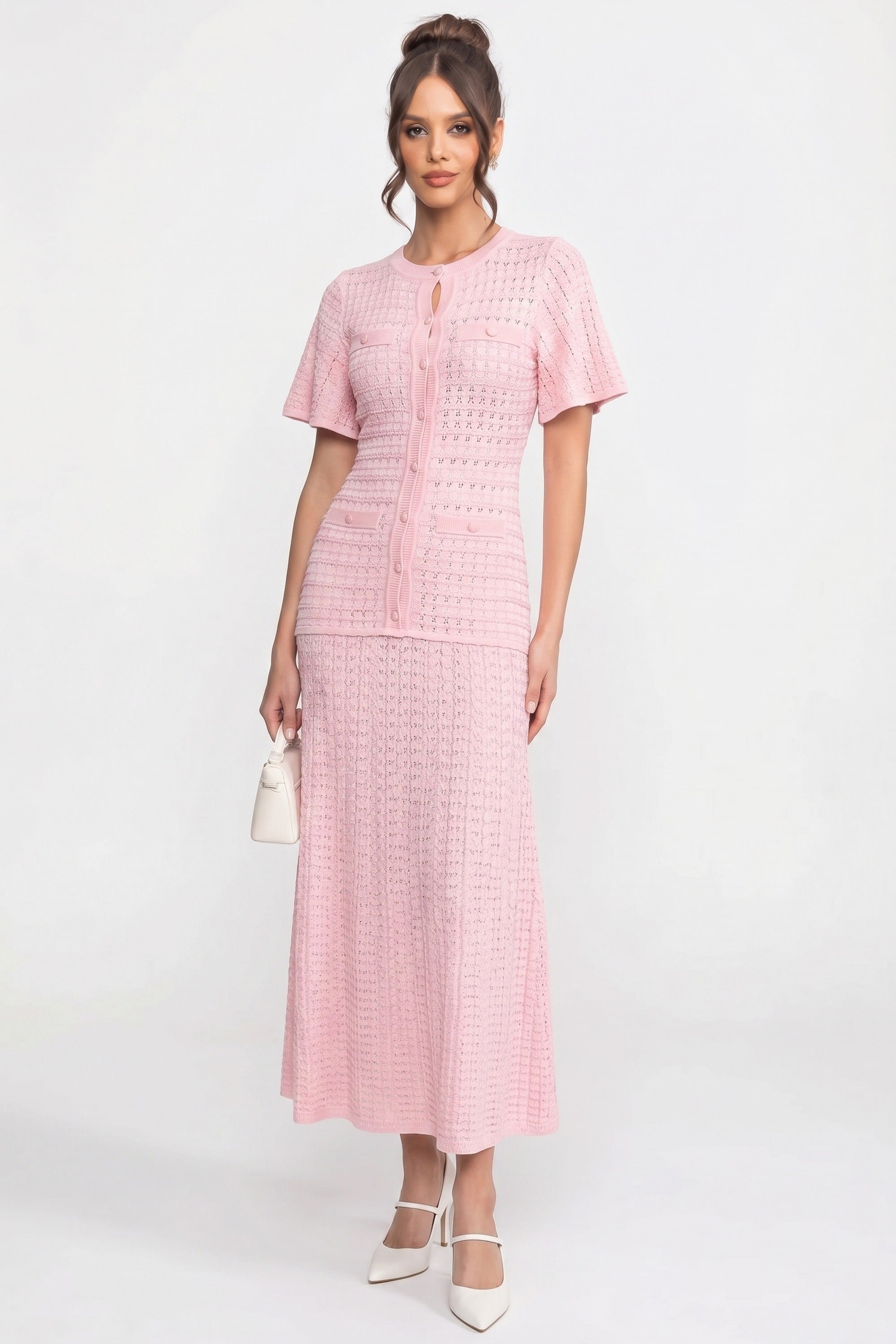 Robe midi à manches courtes avec texture en maille scintillante - Pink