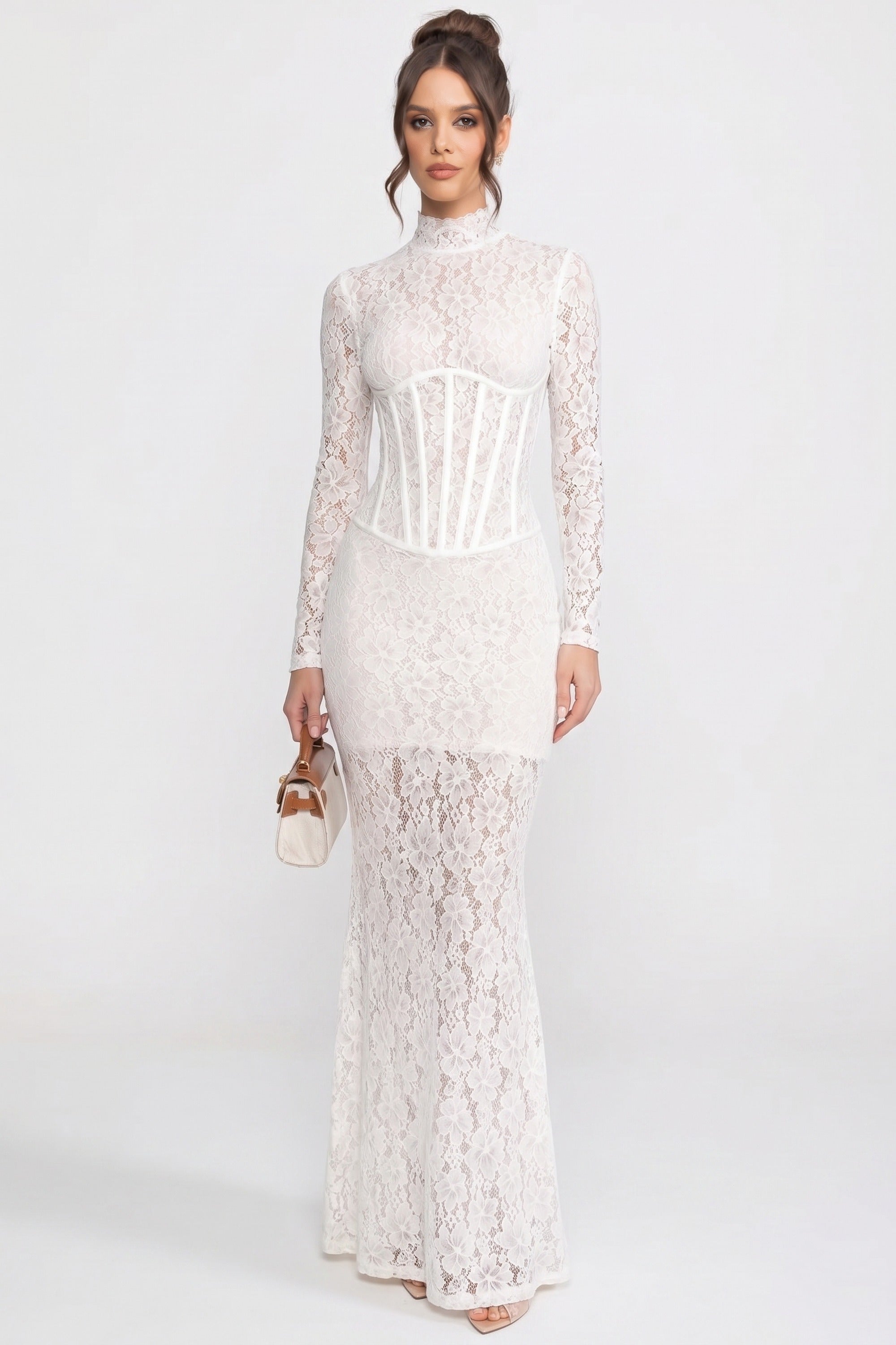 Robe maxi en dentelle à col montant et manches longues, silhouette colonne - Blanc