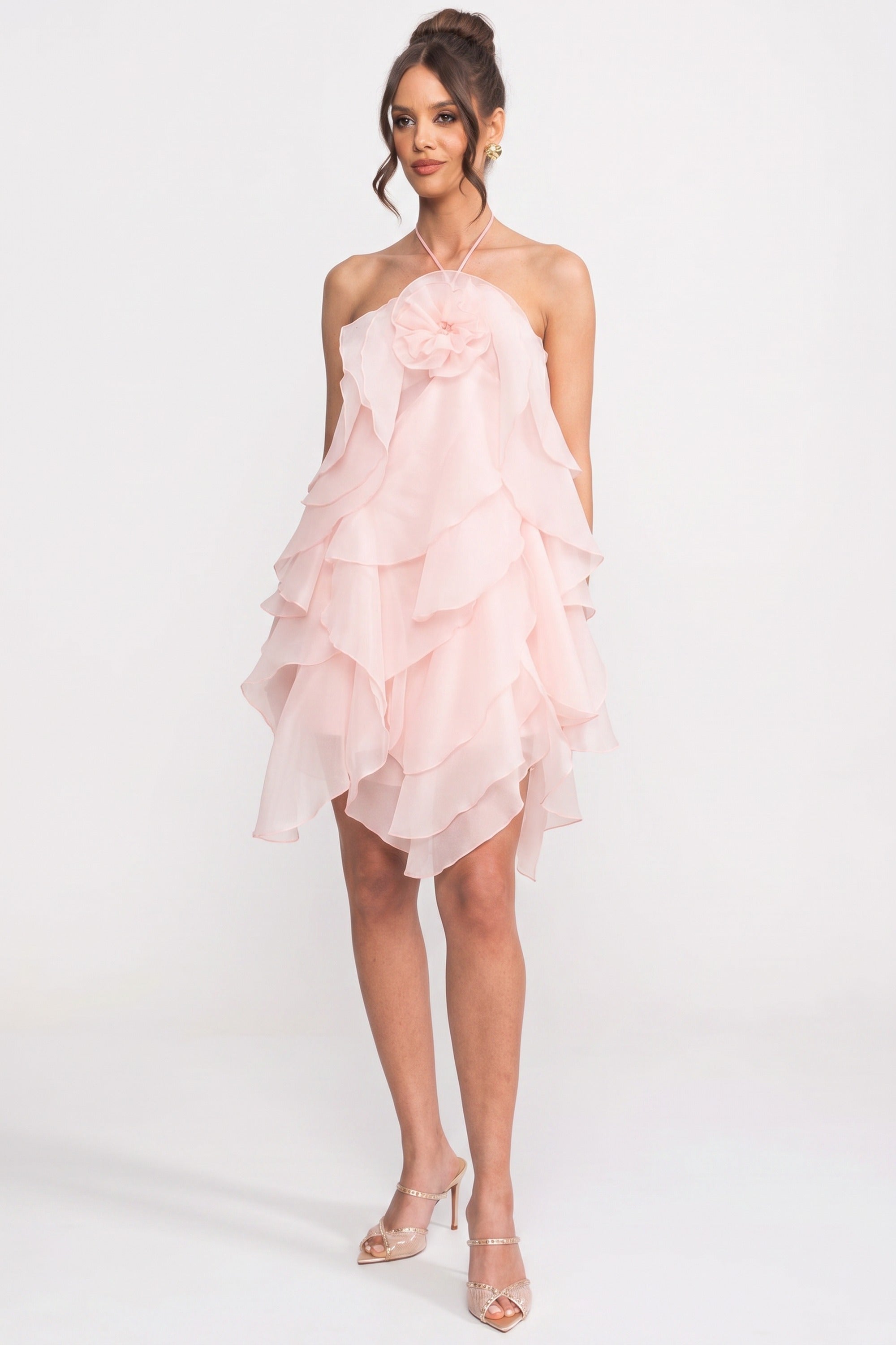Mini-robe à volants superposés avec col halter floral 3D - Rose
