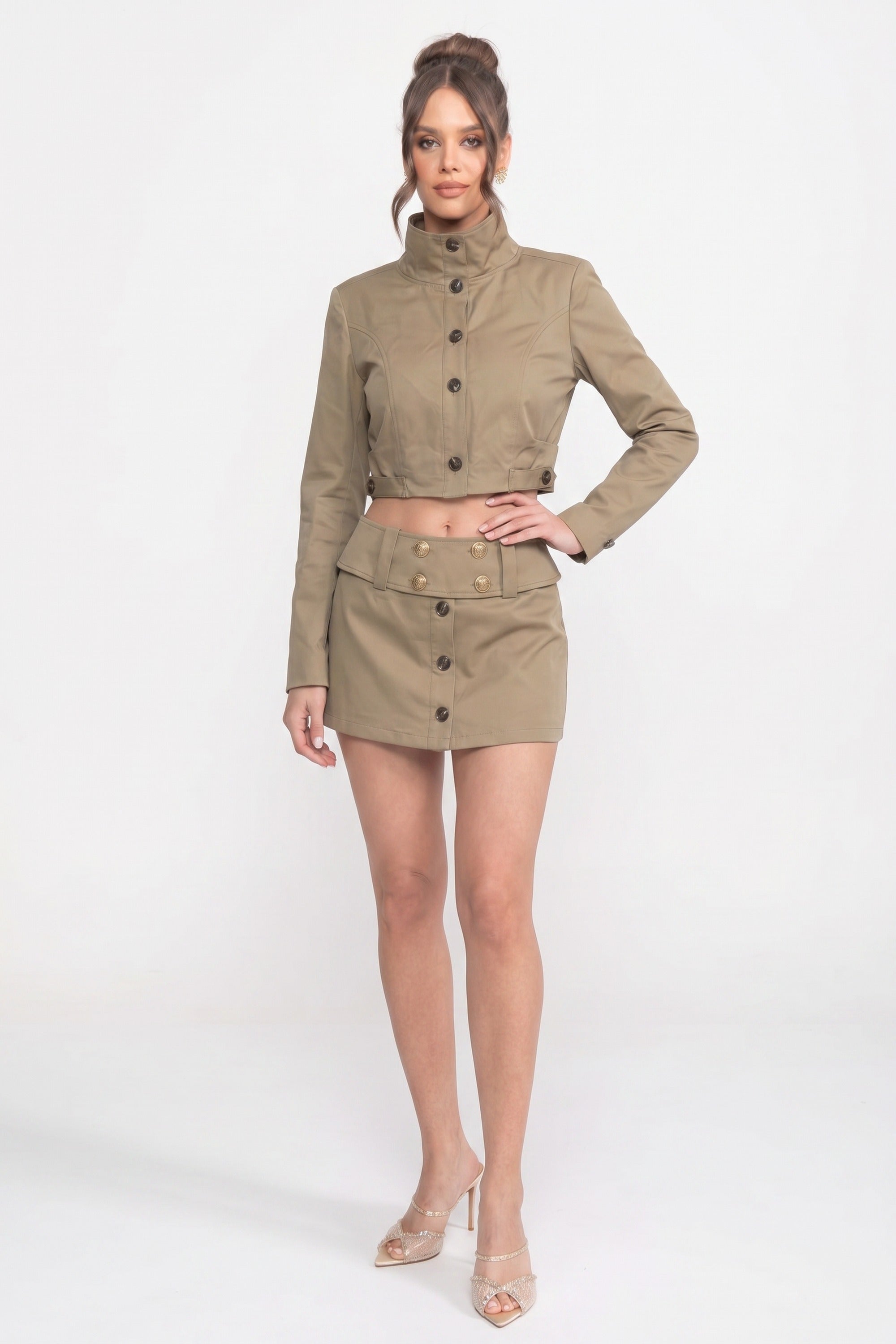 Ensemble coordonné veste courte croisée et mini-jupe - Khaki