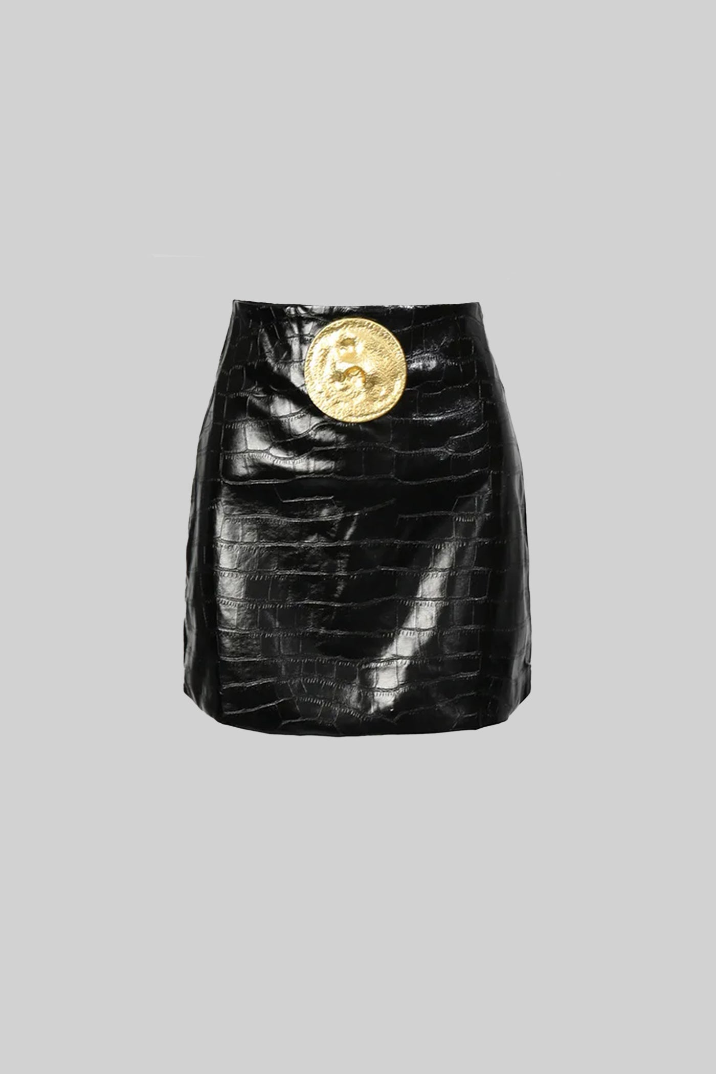 Croc-Effect Mini Skirt With Statement Gold Button - Black