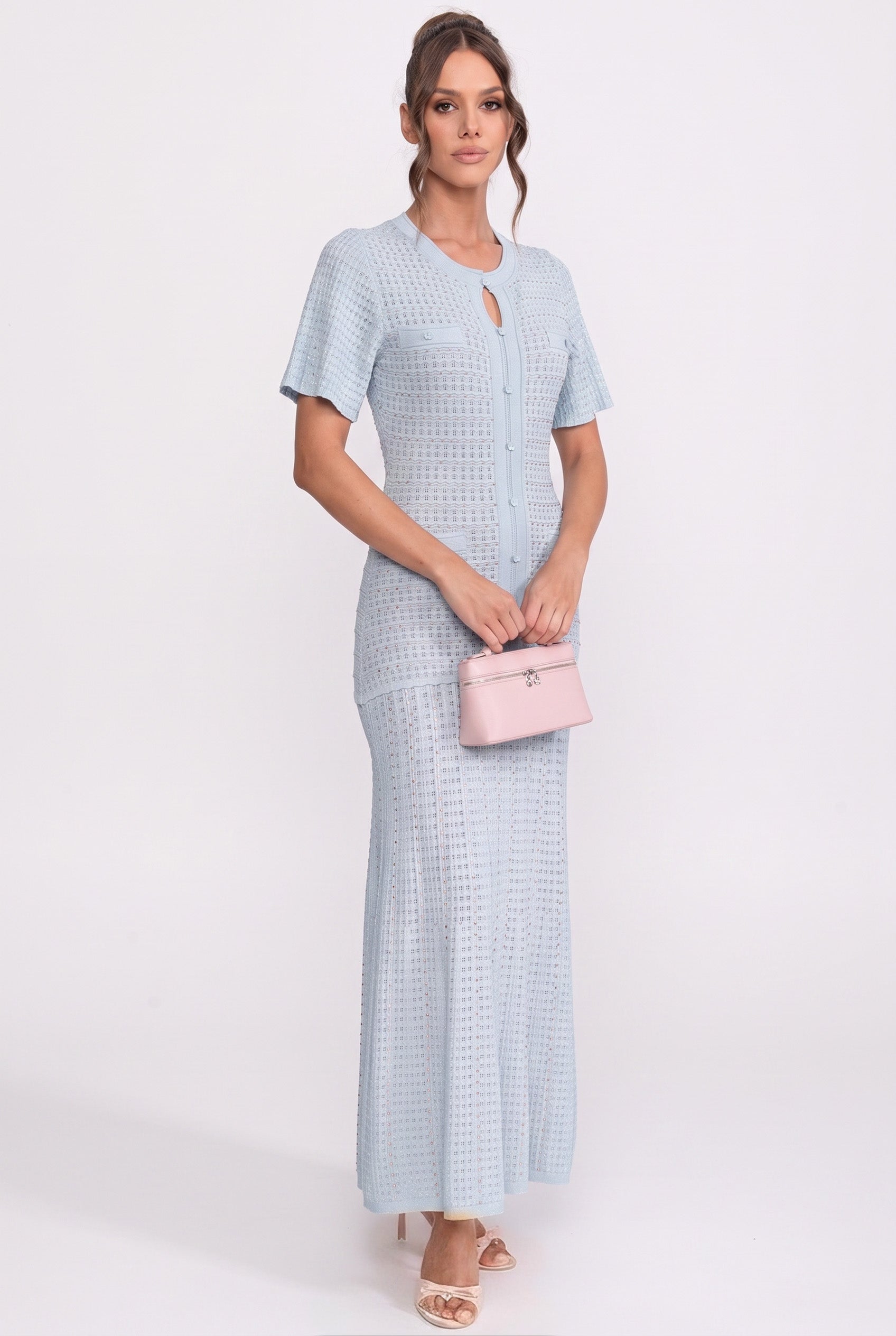 Robe midi à manches courtes avec texture tricotée scintillante - Light Blue