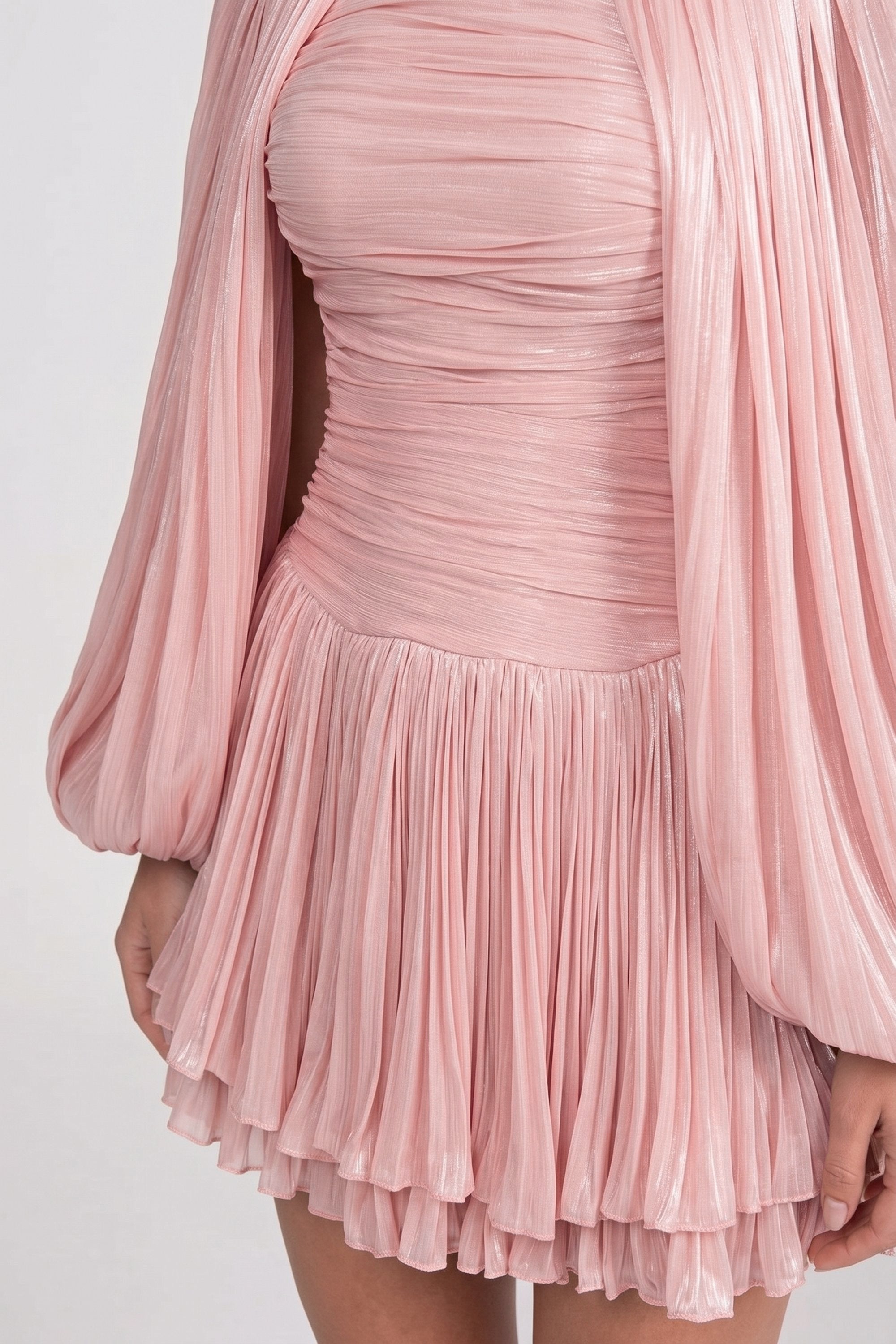 Robe mini à col montant et manches ballon avec jupe plissée - Rose