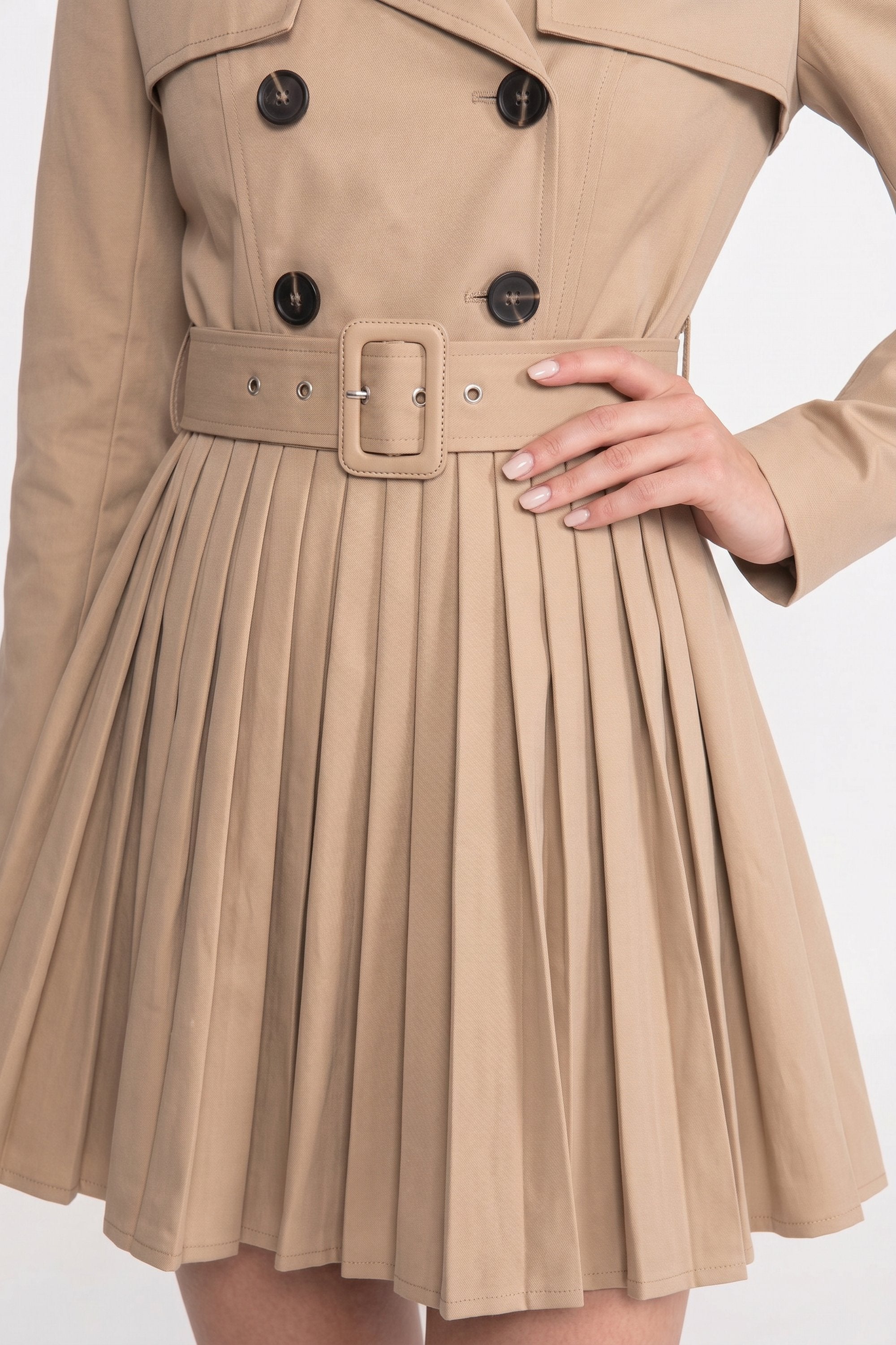 Manteau trench croisé ceinturé avec jupe plissée - Khaki