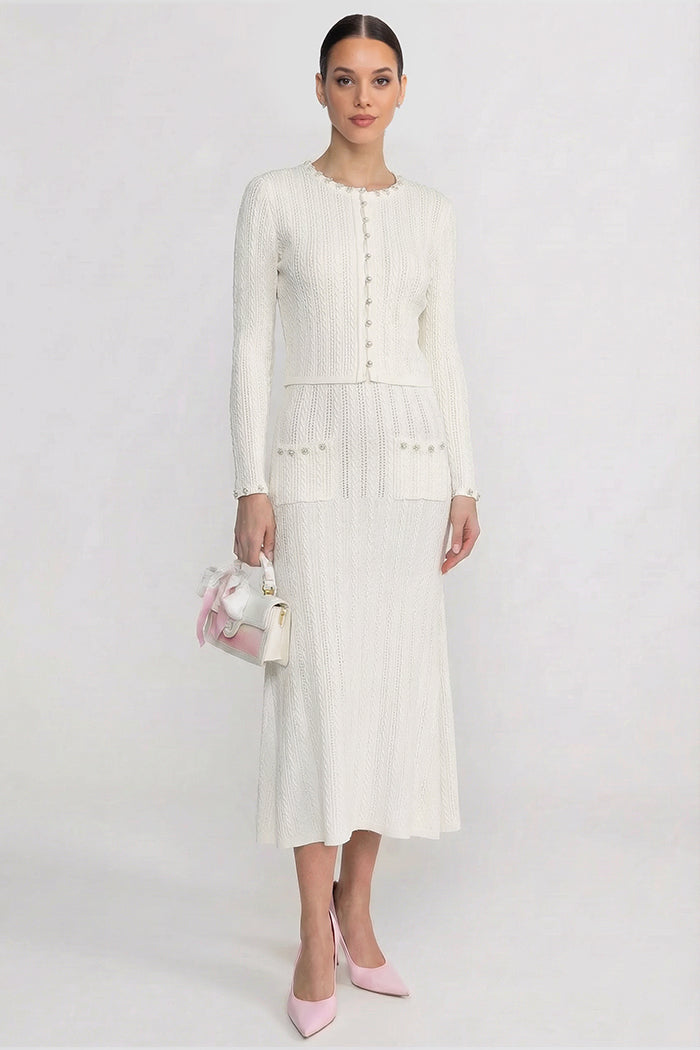 Ribbed Knit Dress and Cardigan Set With Pearl Button Detailing - White