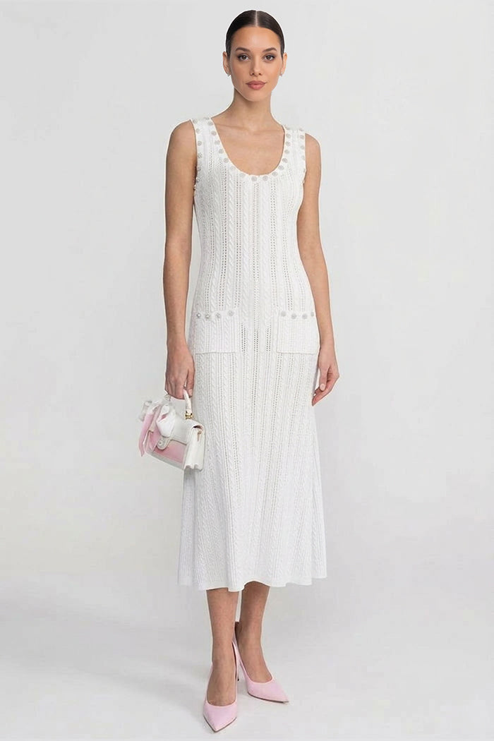 Ensemble Robe en Maille Côtelée et Cardigan avec Détails Boutons Perle - Blanc