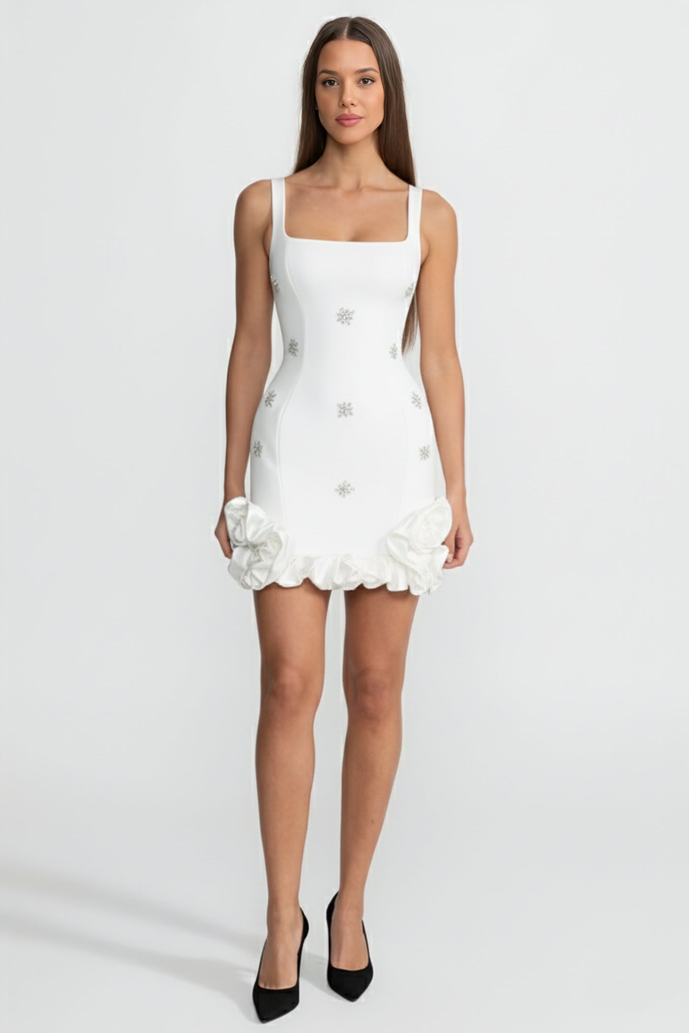 Robe Mini Bodycon Ornée de Fleurs en Cristal – Blanc