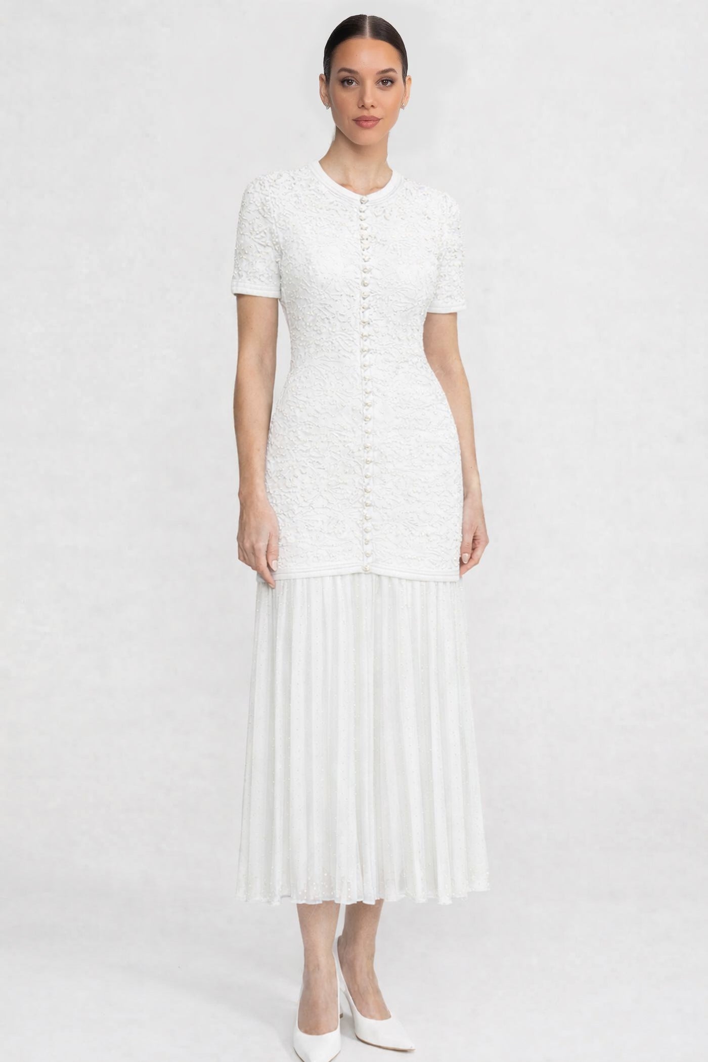 Robe midi à manches courtes ornée de perles - Blanc