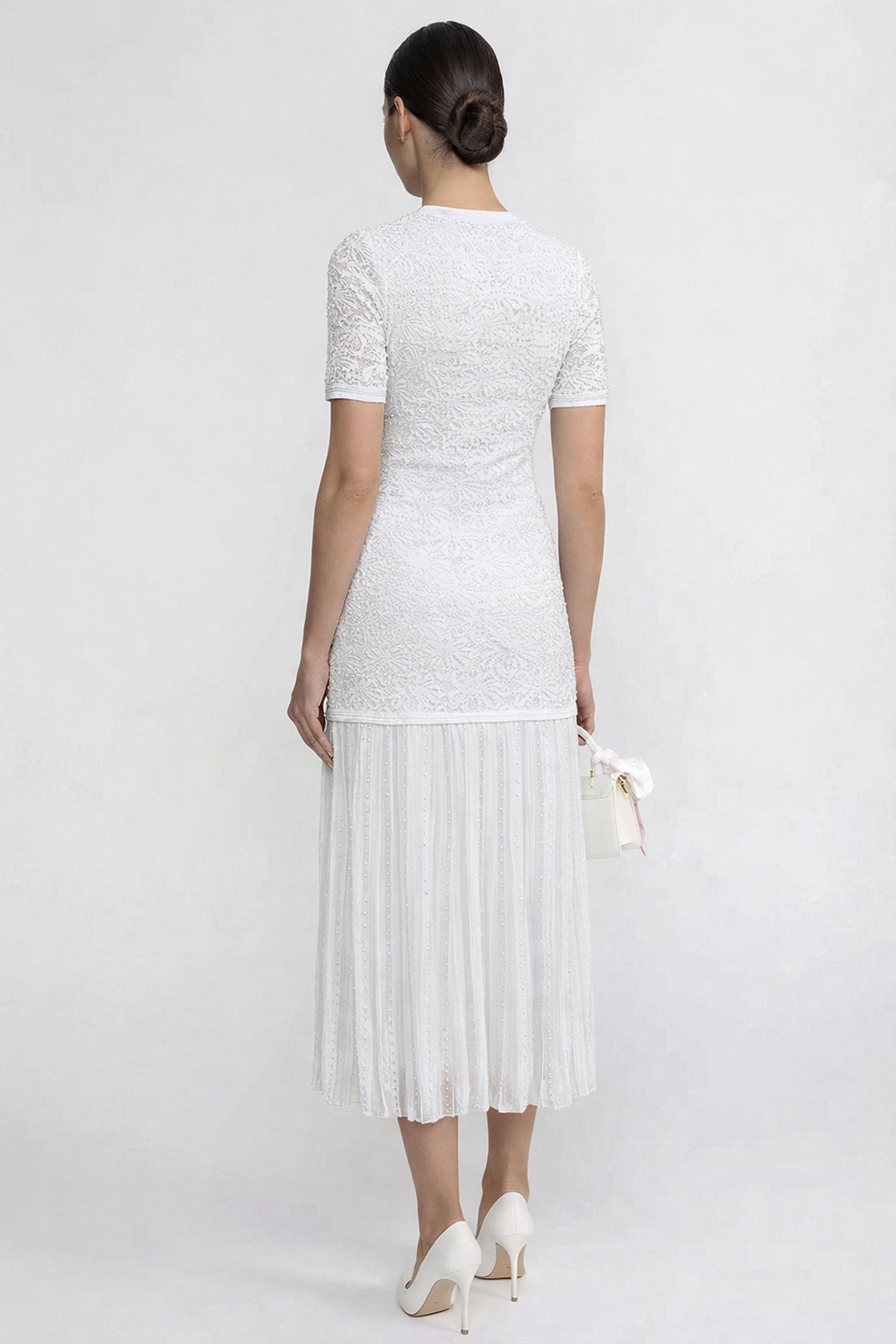 Robe midi à manches courtes ornée de perles - Blanc