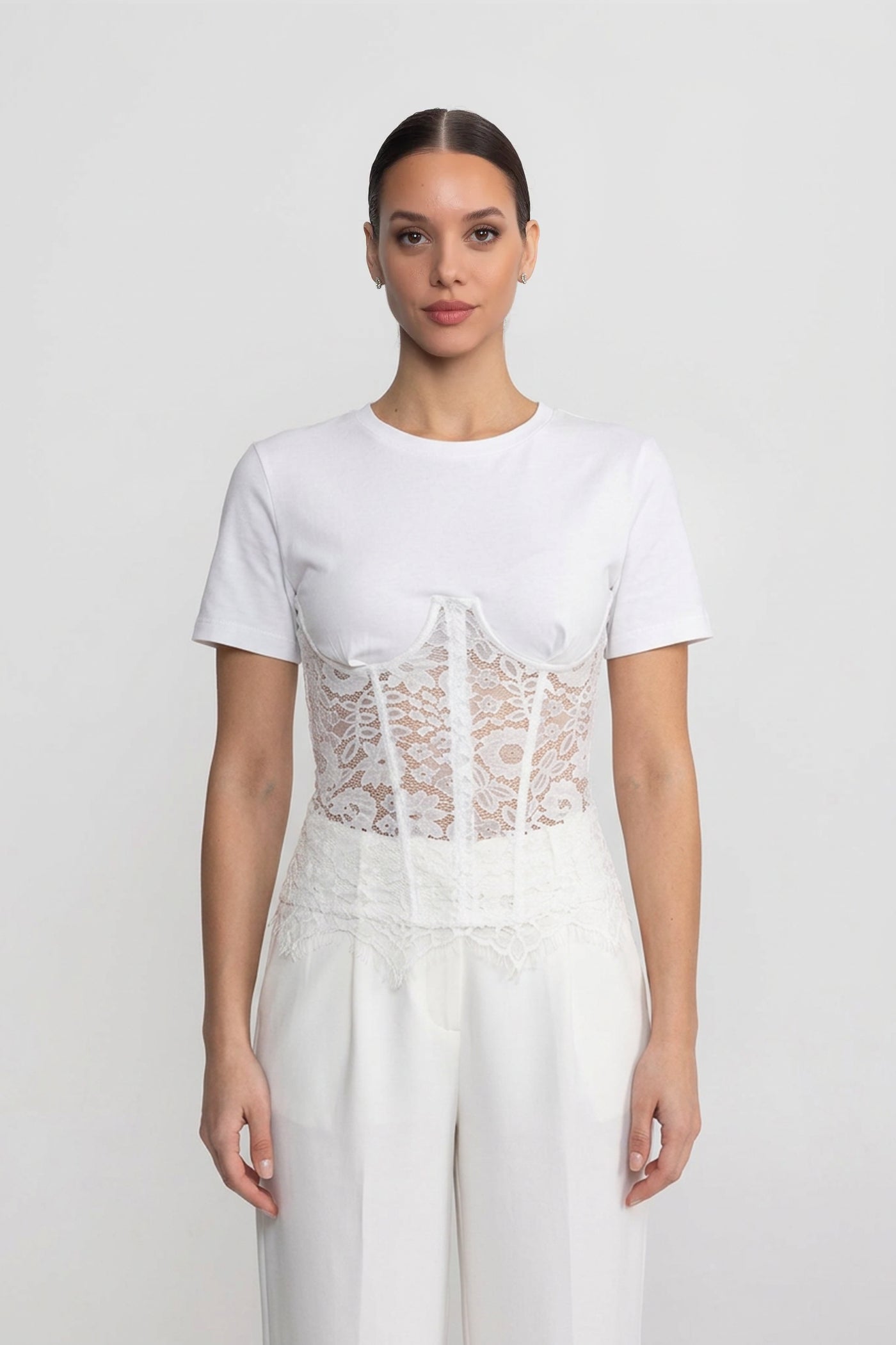 Haut à Manches Courtes avec Superposition Corset en Dentelle - Blanc
