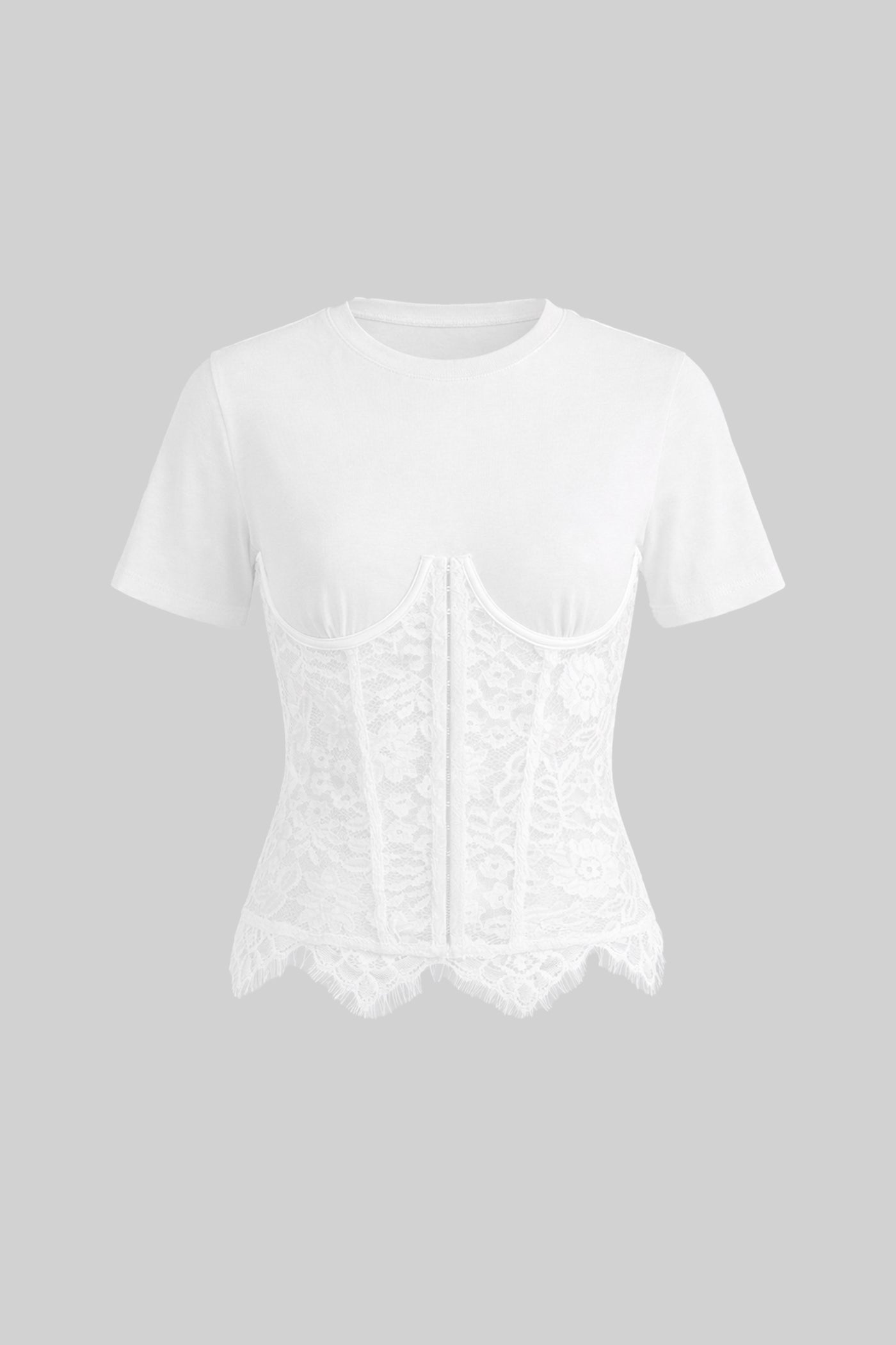 Haut à Manches Courtes avec Superposition Corset en Dentelle - Blanc