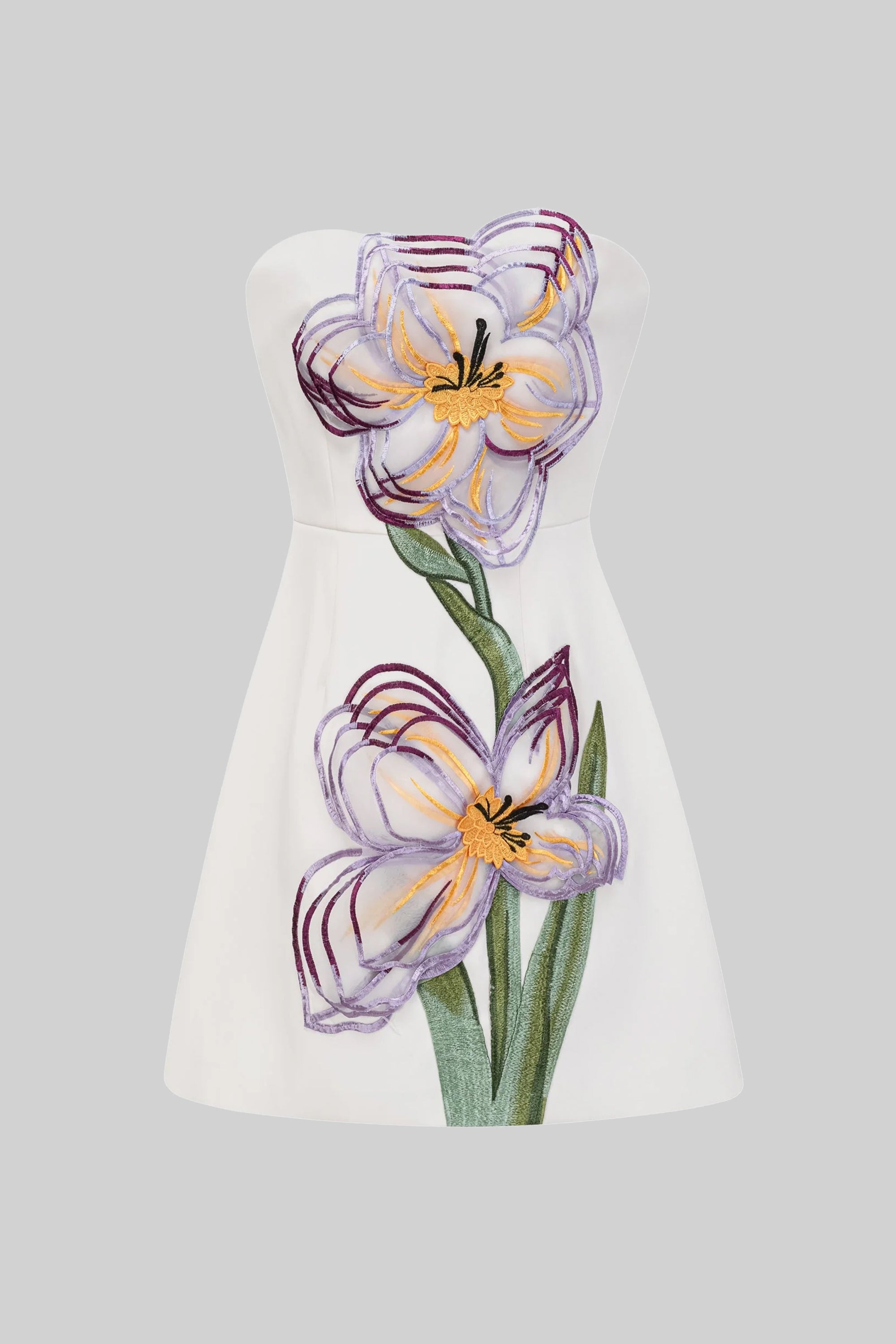 Mini robe bustier avec appliqué floral iris 3D - Blanc