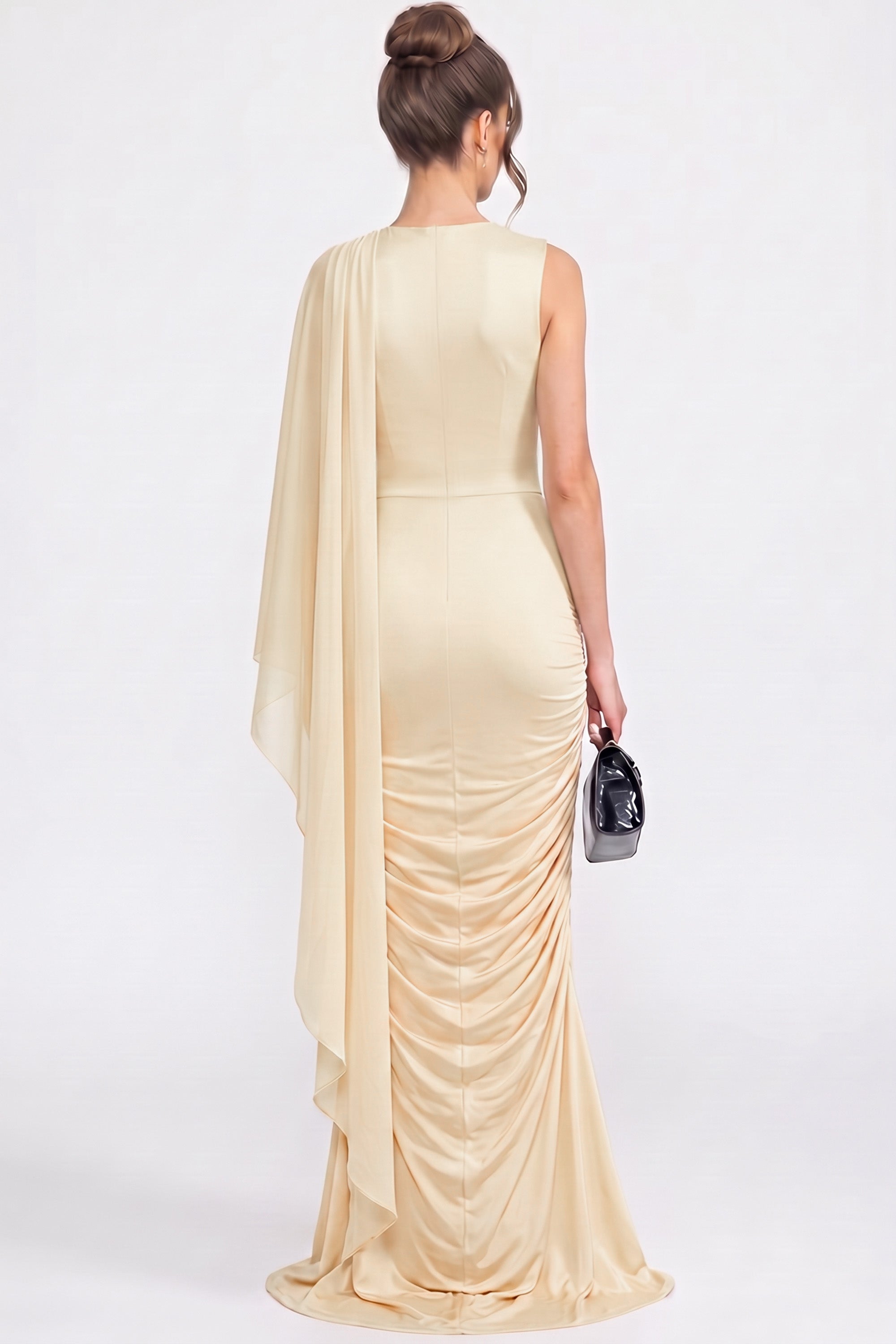One-Shoulder Draped Maxi Dress With Sheer Scarf Detail - Beige