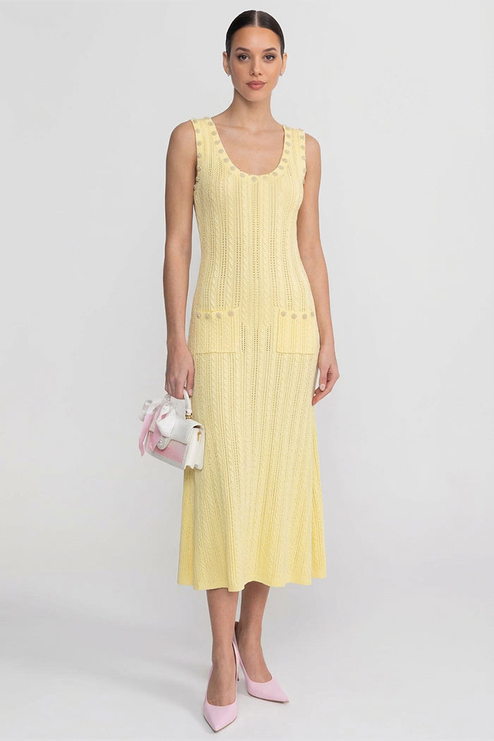 Ribbed Knit Dress and Cardigan Set With Pearl Button Detailing - Yellow