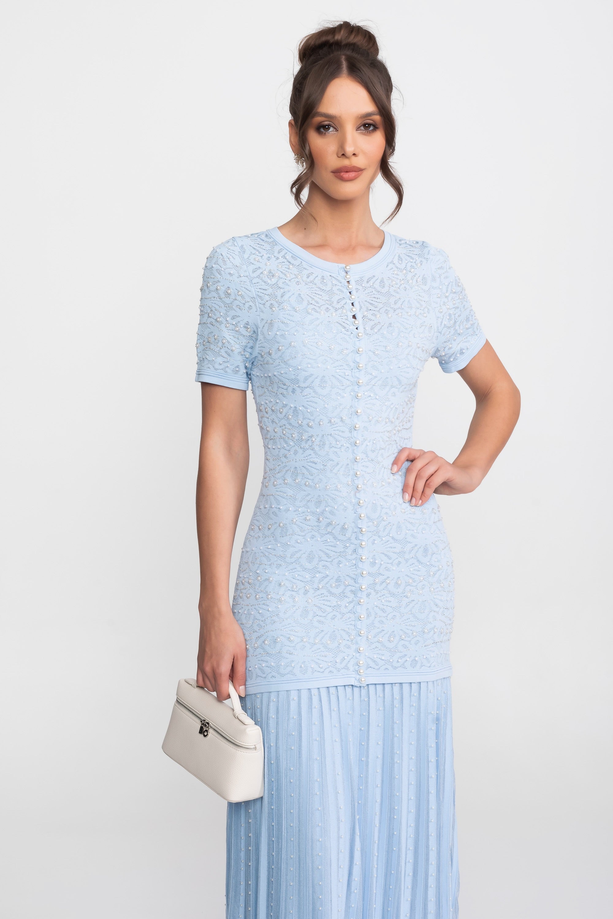 Robe midi à manches courtes ornée de perles - Powder Blue 