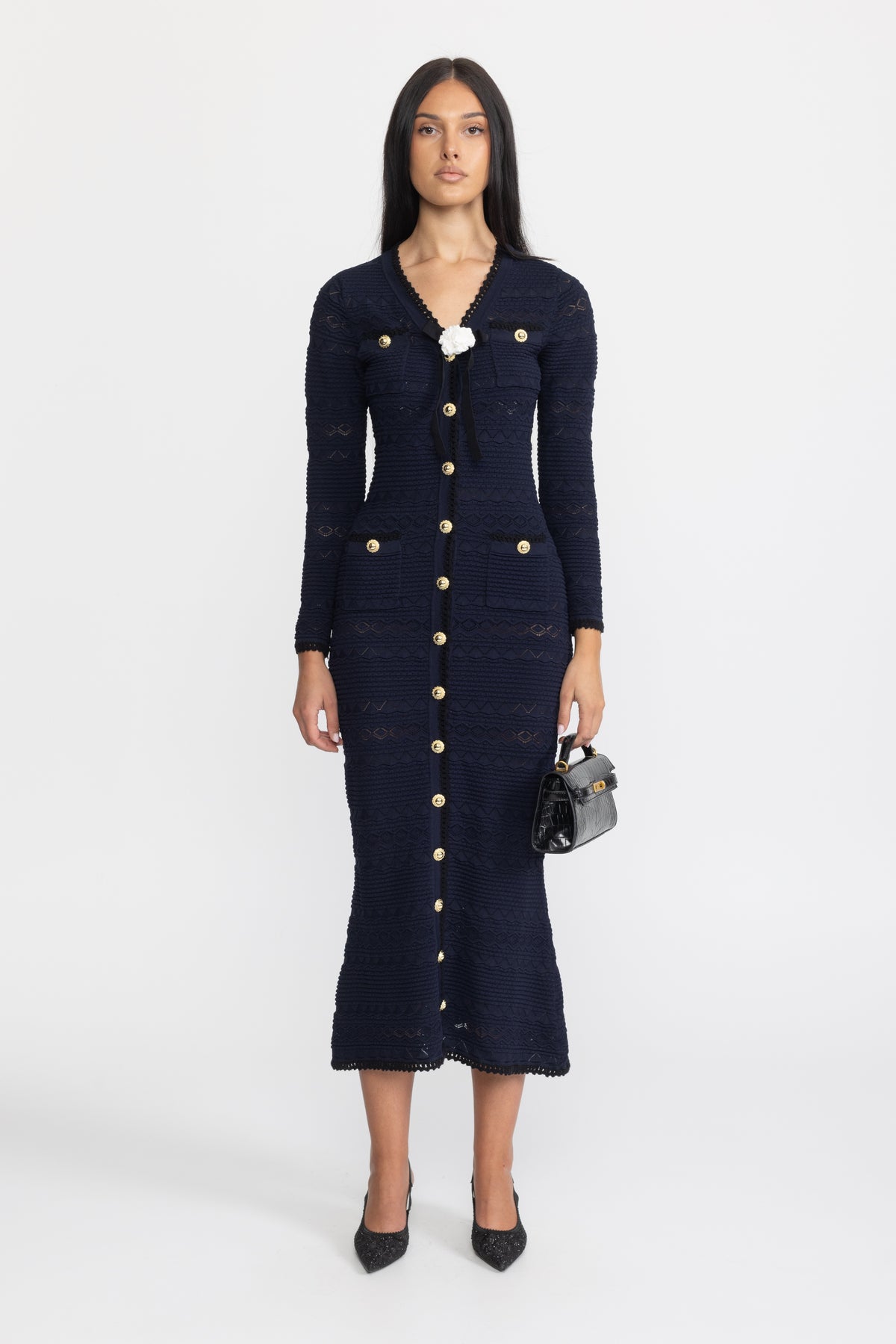 Crochet Trim Knit Button Midi Dress with Flower Brooch - Navy