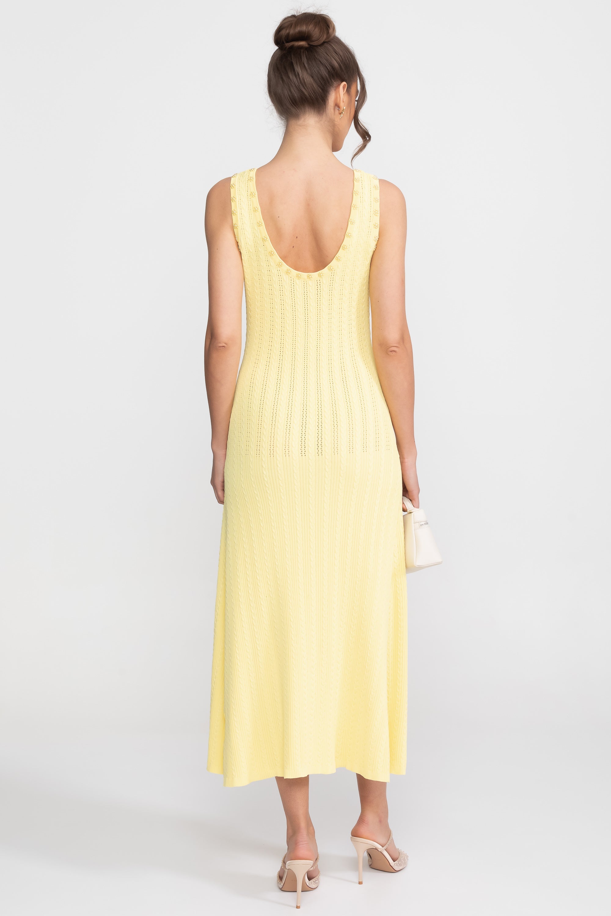 Ensemble Robe en Maille Côtelée et Cardigan avec Détails Boutons Perle - Jaune 
