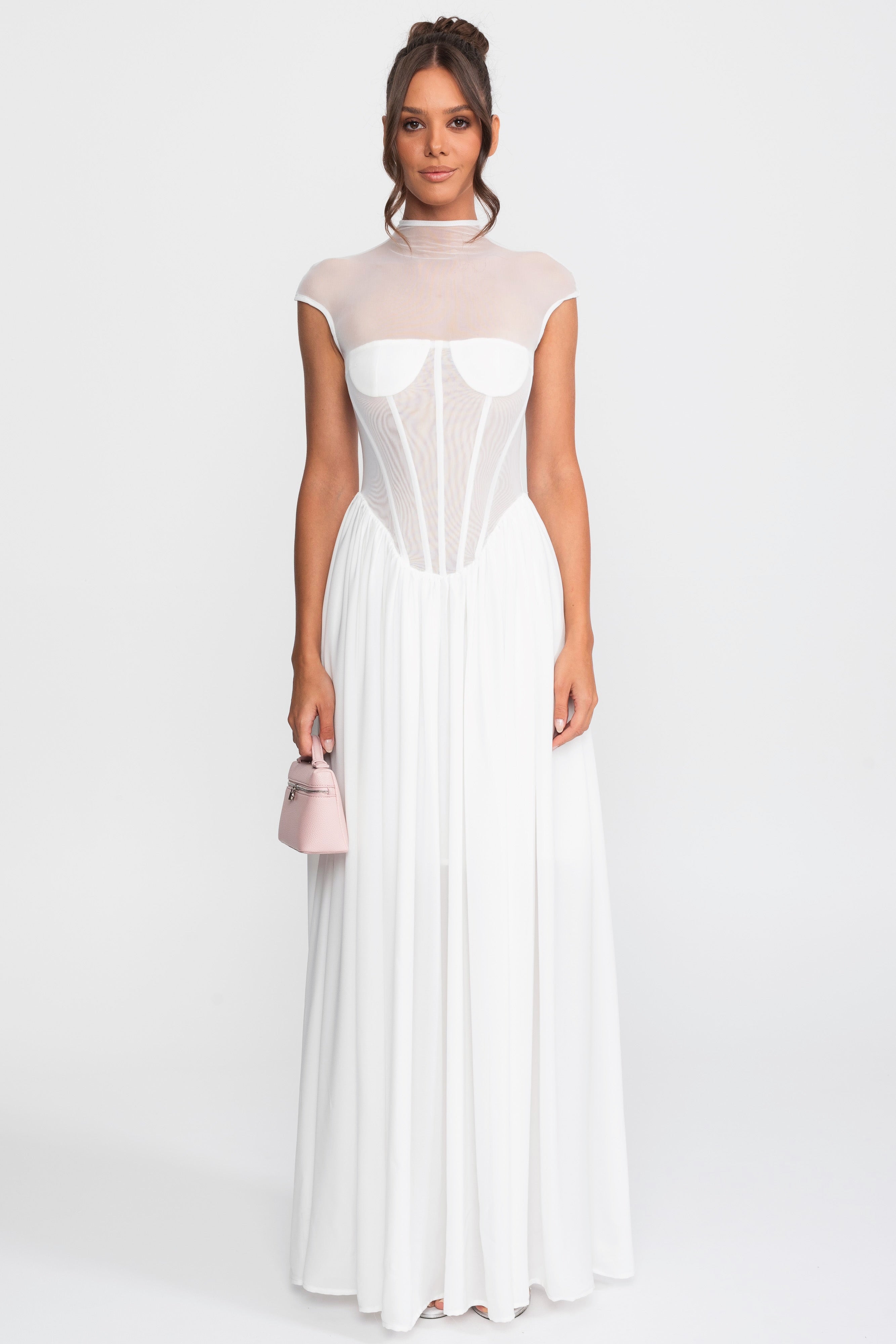 Robe longue corset transparente avec manches cap - Blanc 