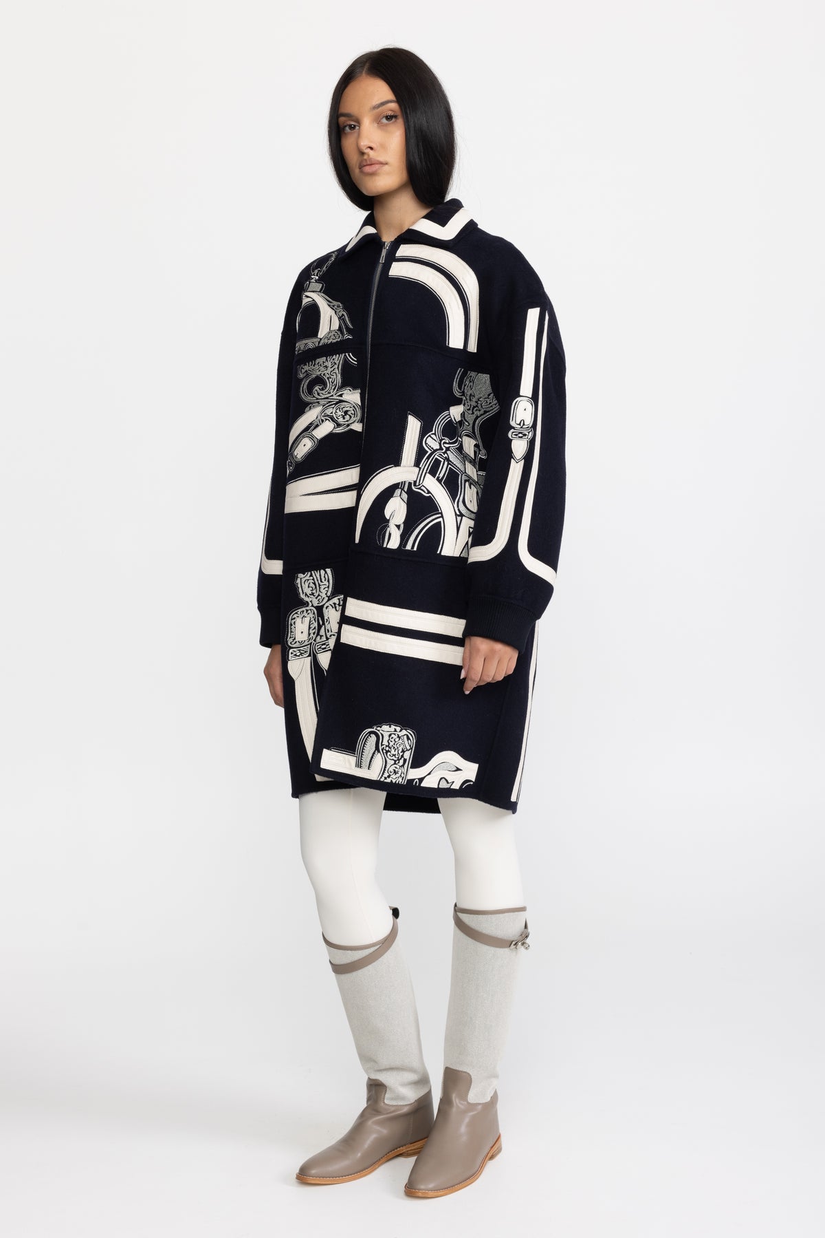 Manteau zippé en laine brodée à appliqué équestre - marine 