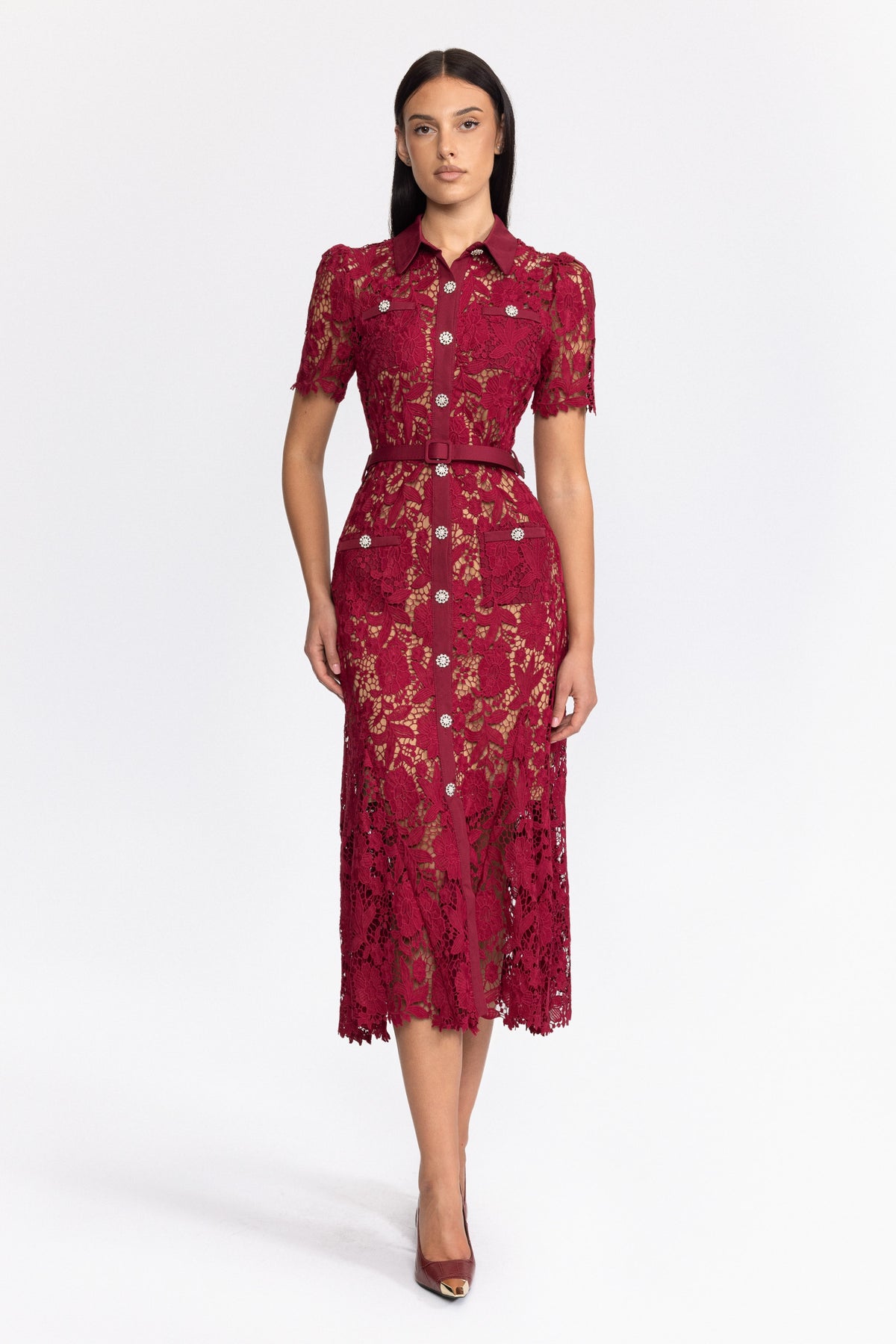 Robe chemise midi en guipure à boutons bijoux - Wine 