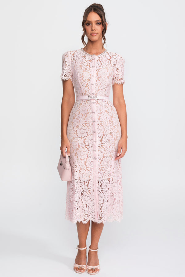 Robe ajustée en dentelle florale élégante avec détails à boutons et ourlet festonné - Blush Pink 