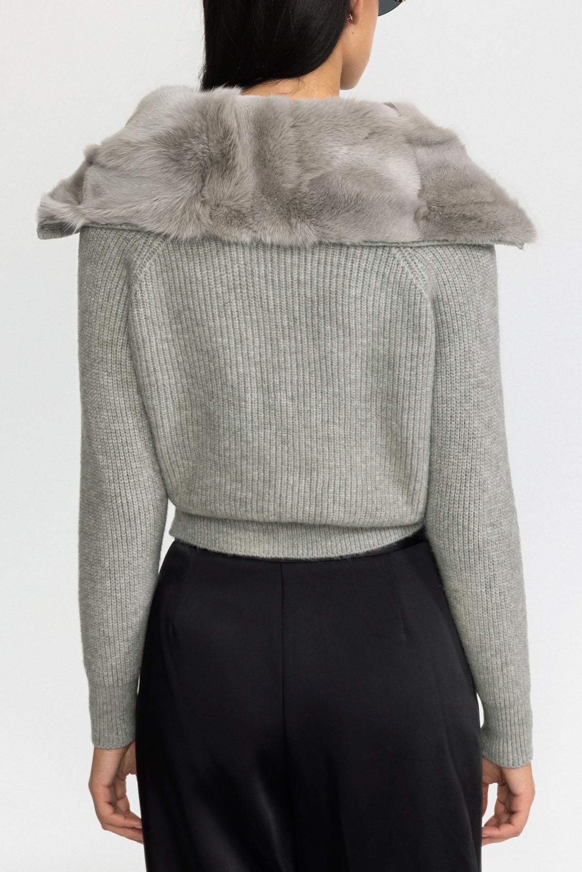 Cardigan zippé en maille à empiècement en fourrure de lapin - Gris 