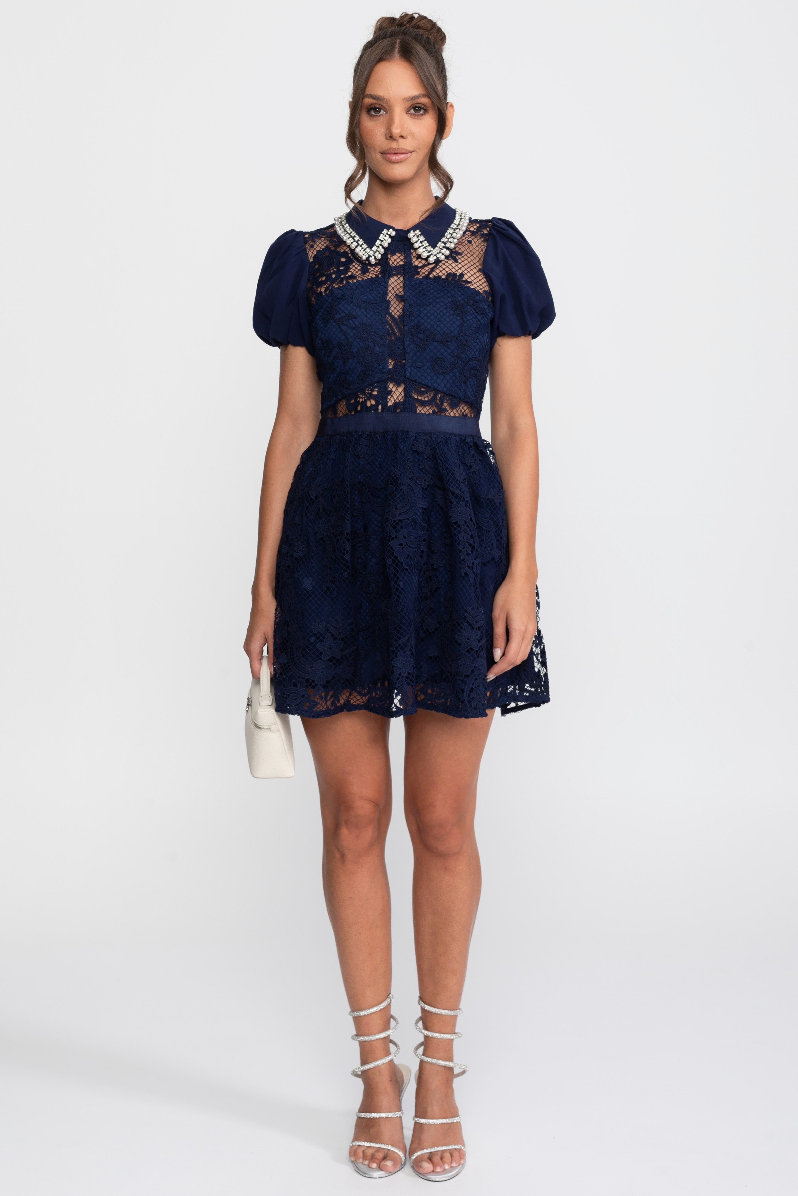 Robe Mini en Dentelle à Manches Bouffantes avec Col en Perles - Navy 
