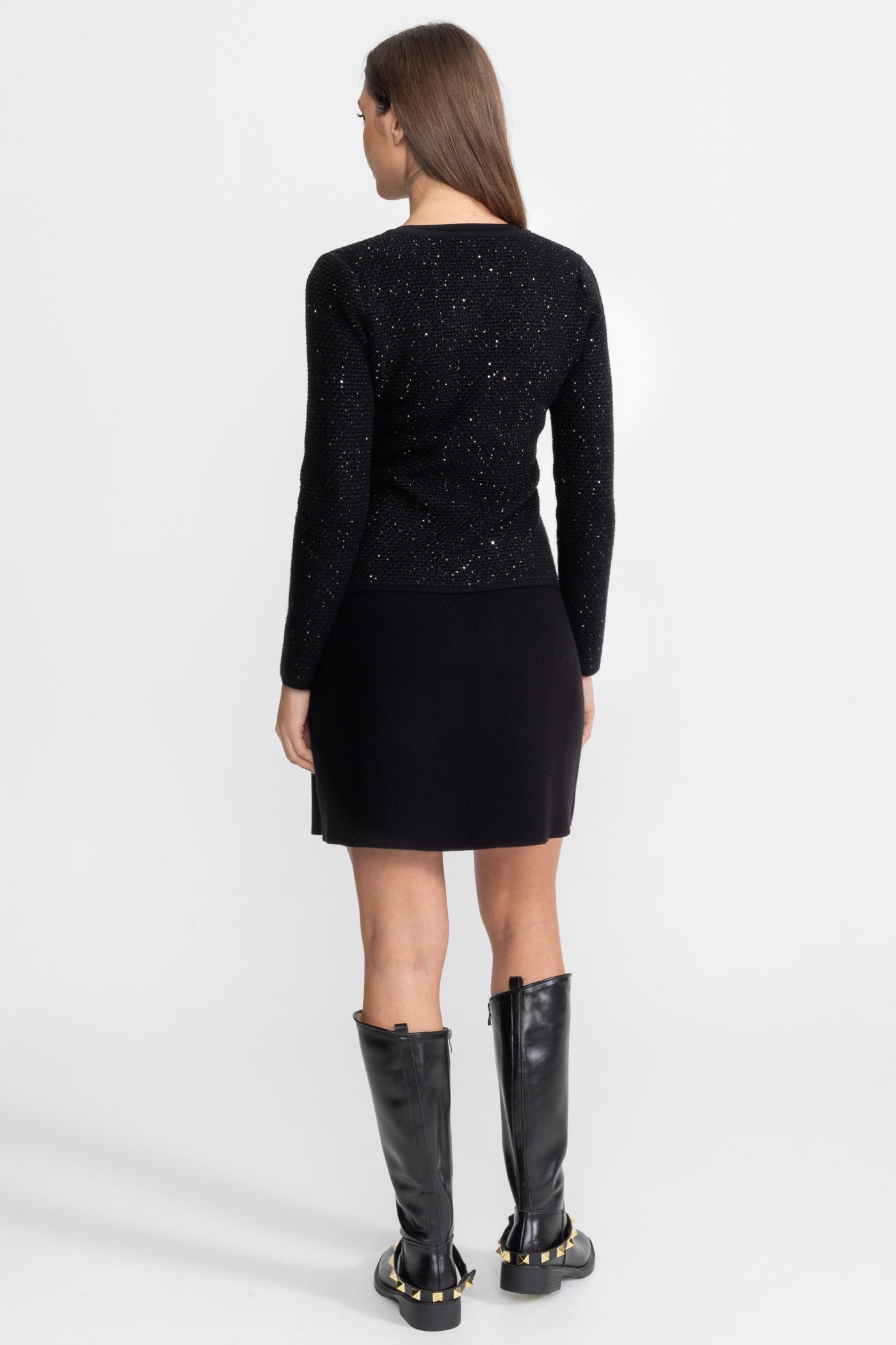 Ensemble coordonné en tweed orné avec fermetures à nœuds et mini-jupe – Noir 