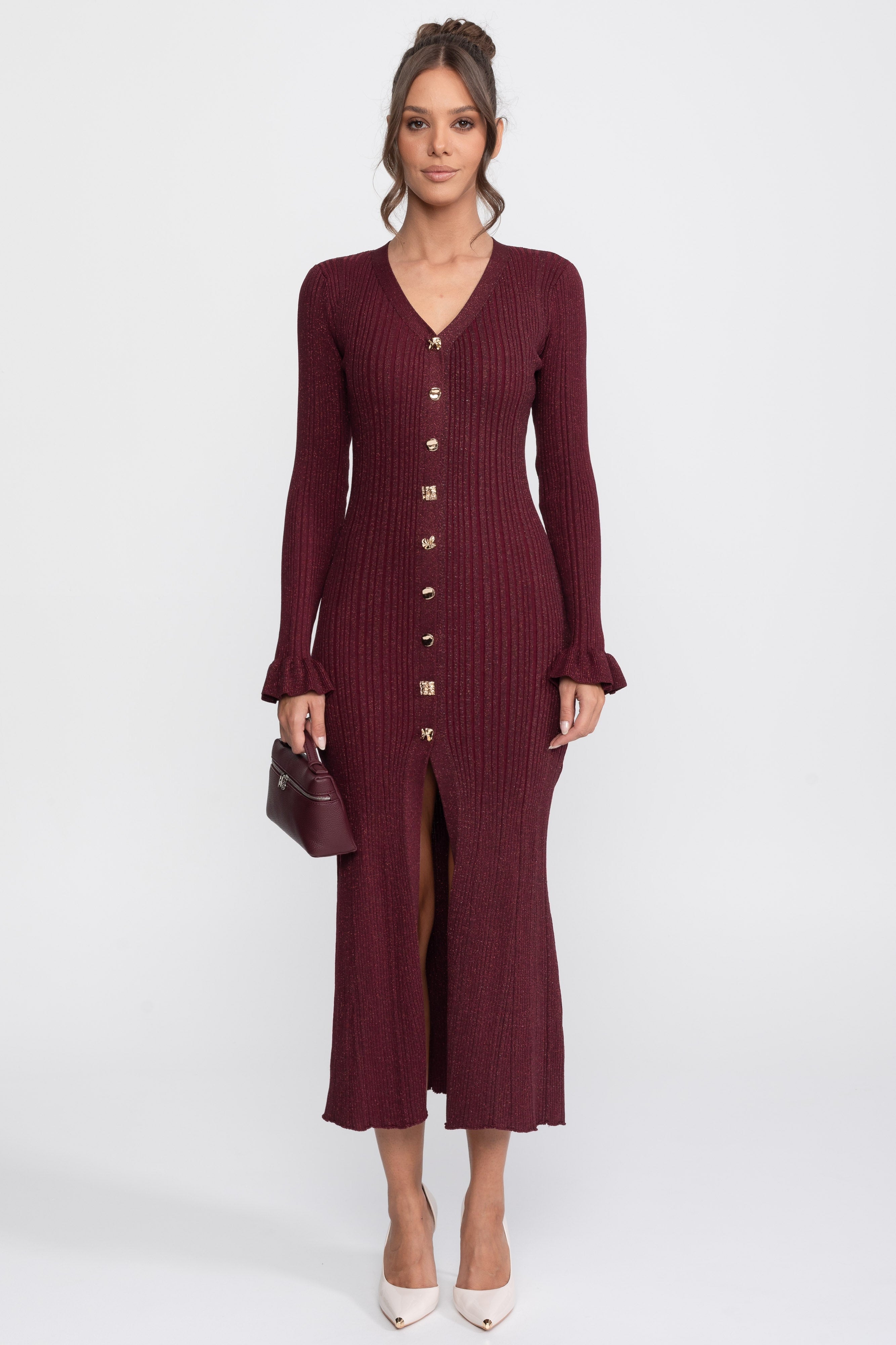 V-Neck Button-Front Ribbed Knit Maxi Dress With Ruffle Cuffs - Burgundy