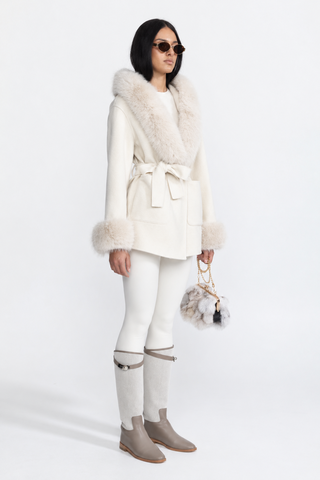 Hooded Belted Cashmere-Blend Coat with Fur Trim - Ivoire