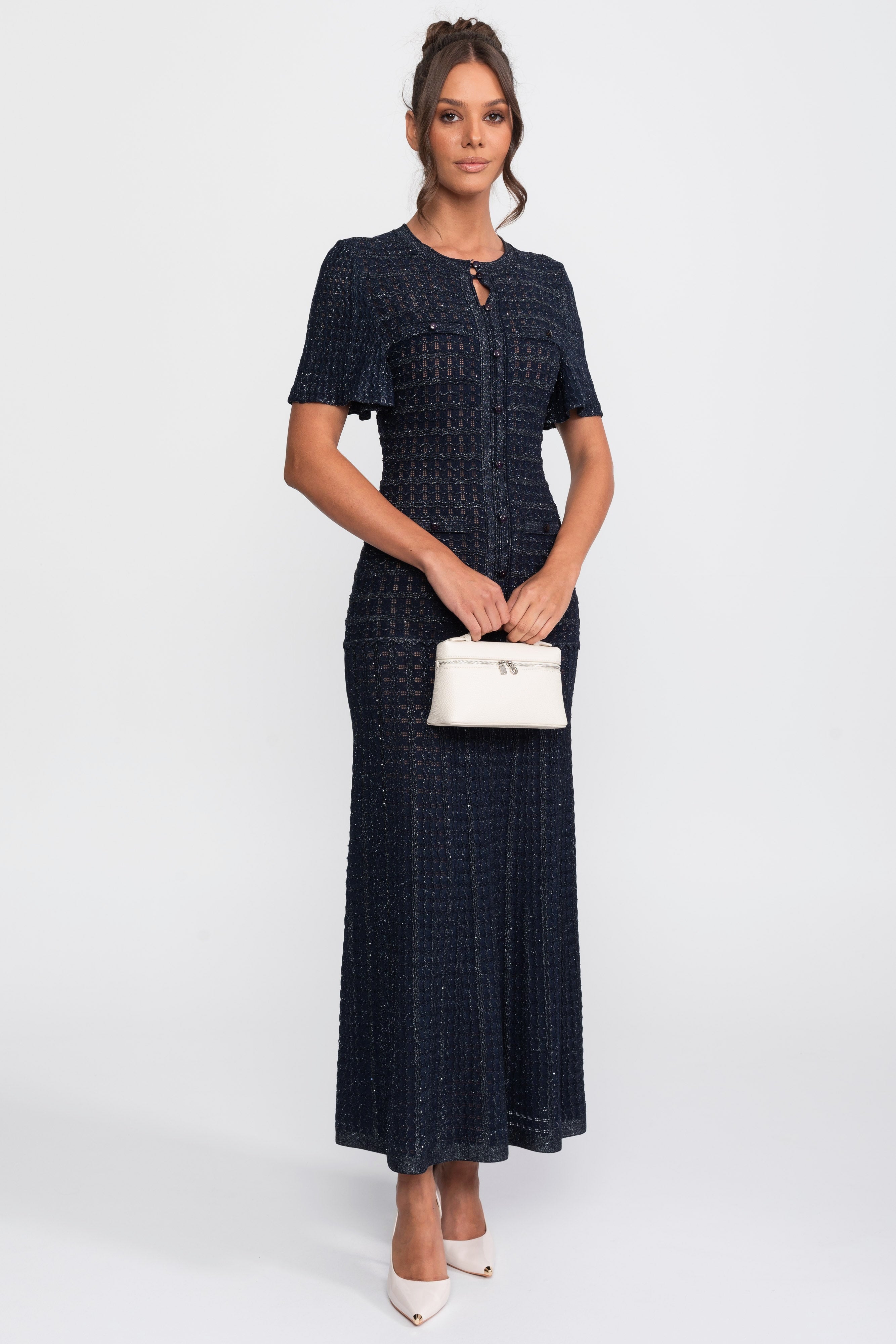 Robe Midi à Manches Courtes avec Texture Tricotée Scintillante - Navy 