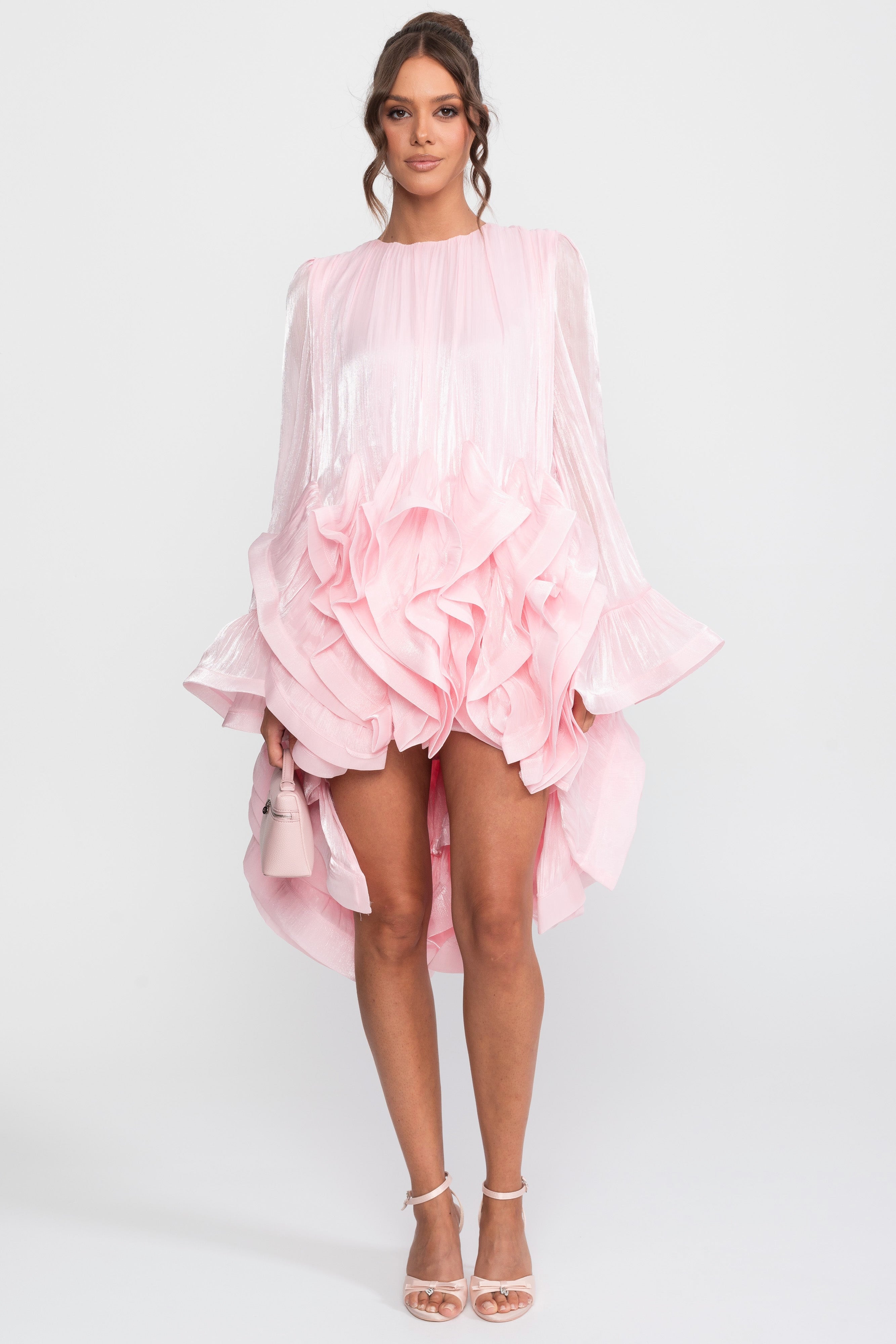 Mini-robe asymétrique à ourlet volanté avec finition satinée - Pink 