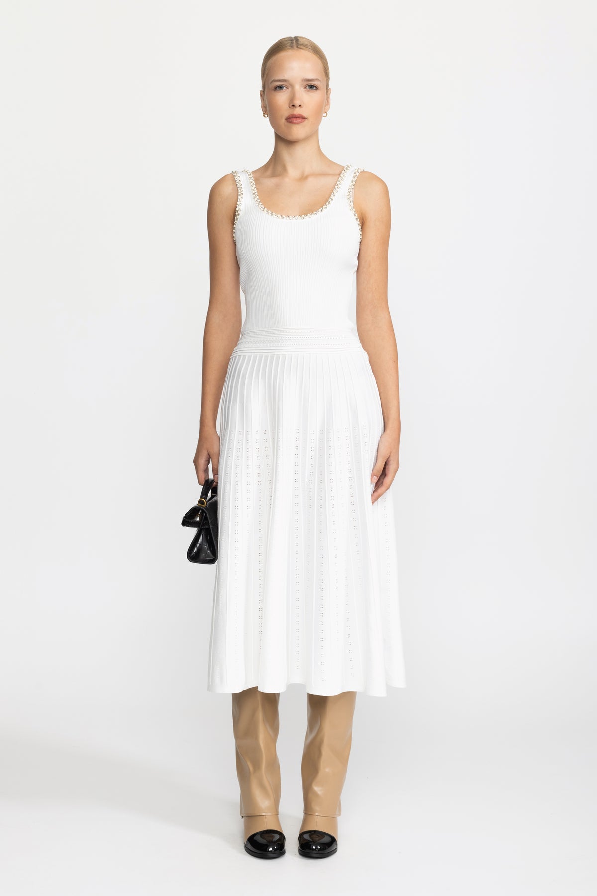 Robe midi en maille à débardeur bordée de perles avec boléro - Blanc 