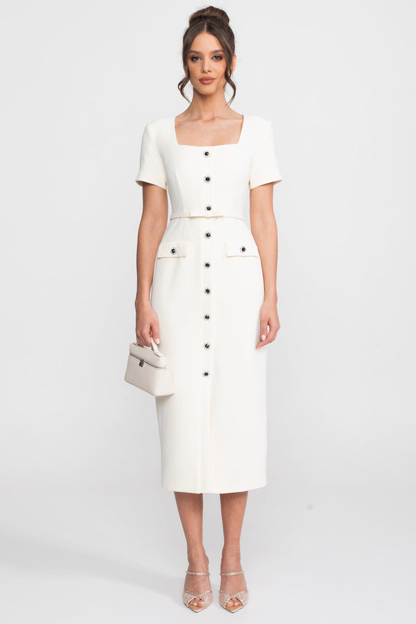 Robe midi blanche à encolure carrée et boutonnage intégral avec boutons bijoux 