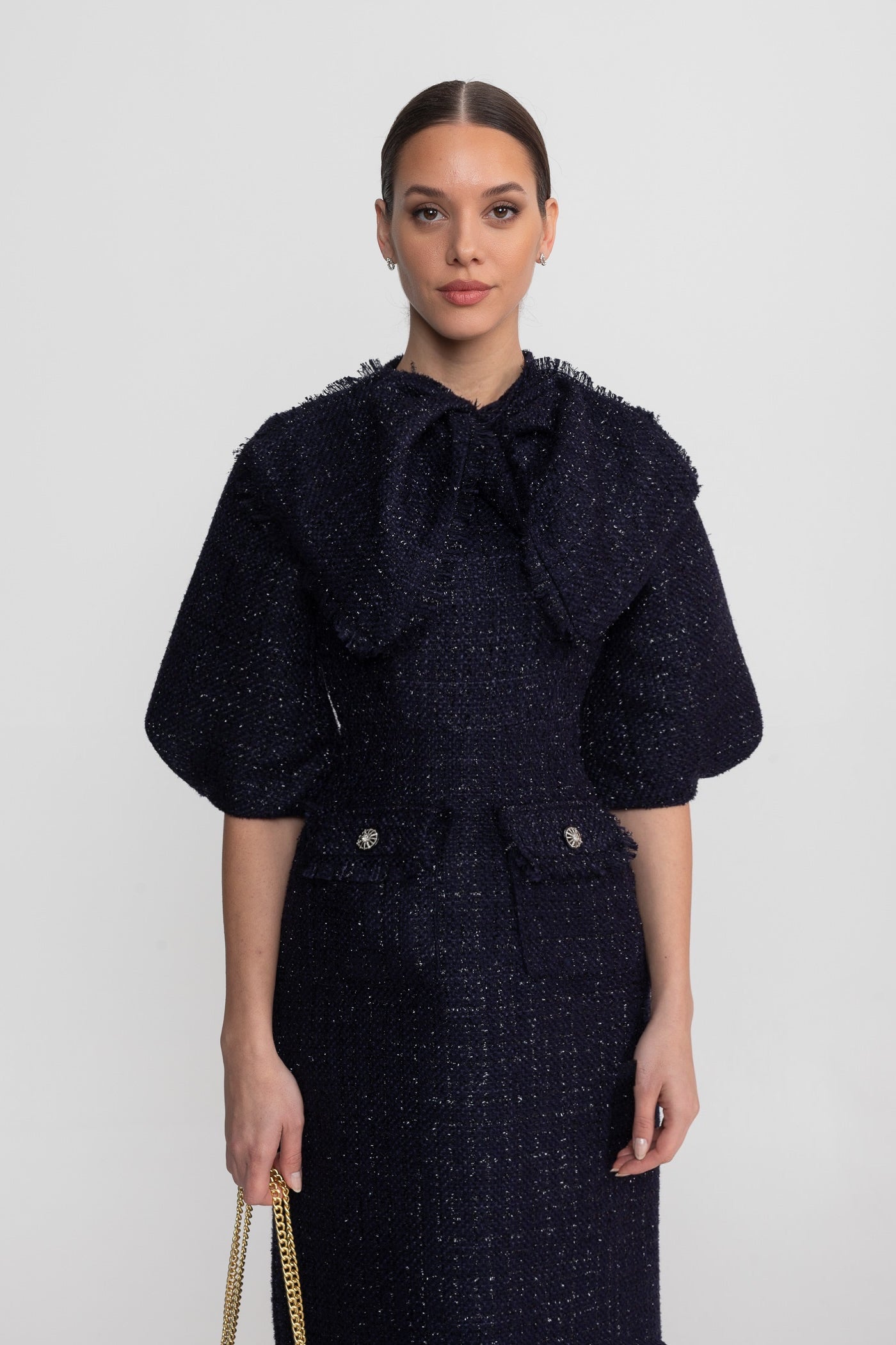 Robe Midi en Tweed avec Détail de Col à Nœud Oversize - Bleu Marine 