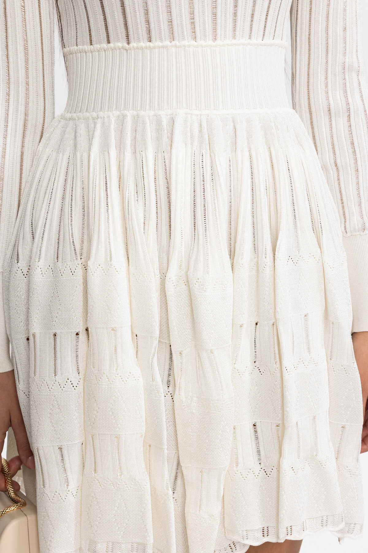 Sheer Ladder Knit Long Sleeve Skater Mini Dress - White