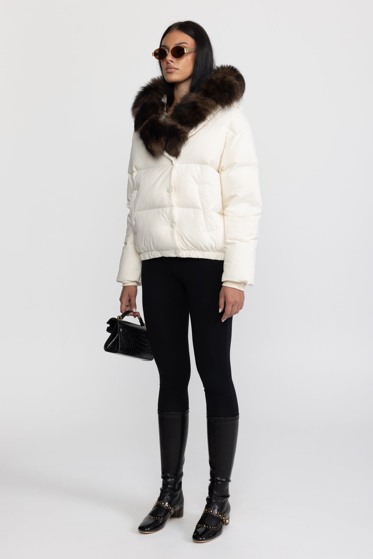 Fox Fur Hood Cropped Down Puffer Jacket - Ivoire