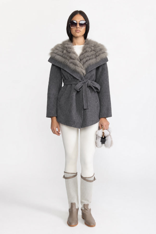 Manteau en laine avec col en fourrure oversize et ceinture - Gris 