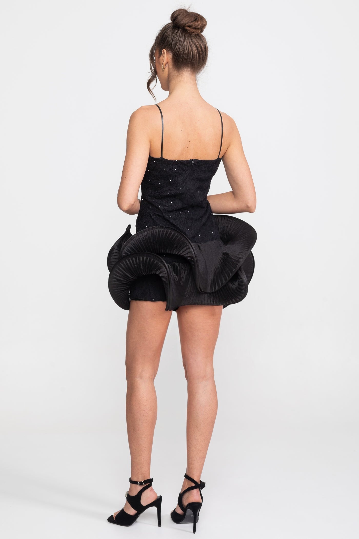 Robe mini babydoll avec ornements scintillants et jupe péplum à volants - Noir 