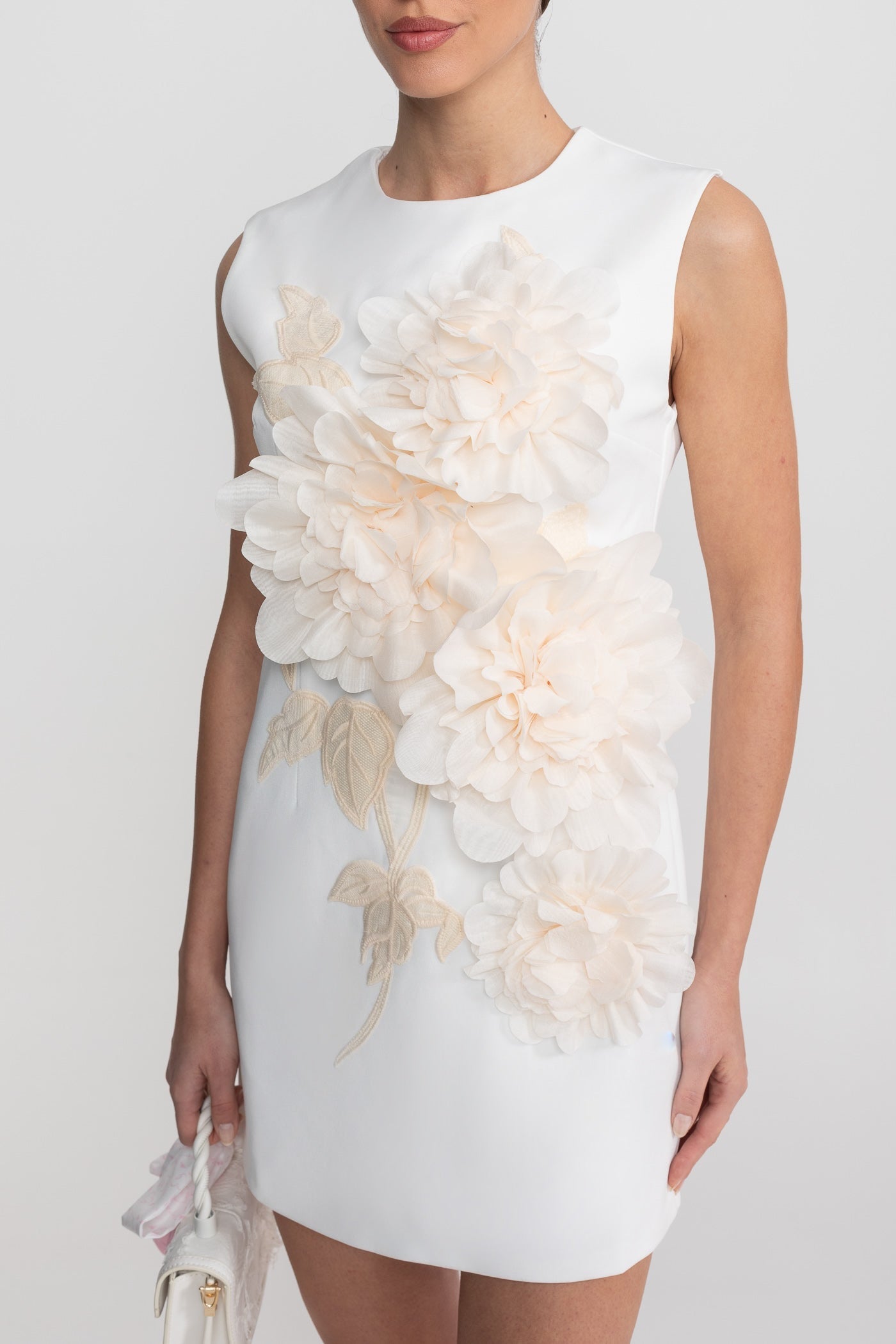 Sleeveless Mini Dress With Round Neckline And 3D Floral Appliqué - White