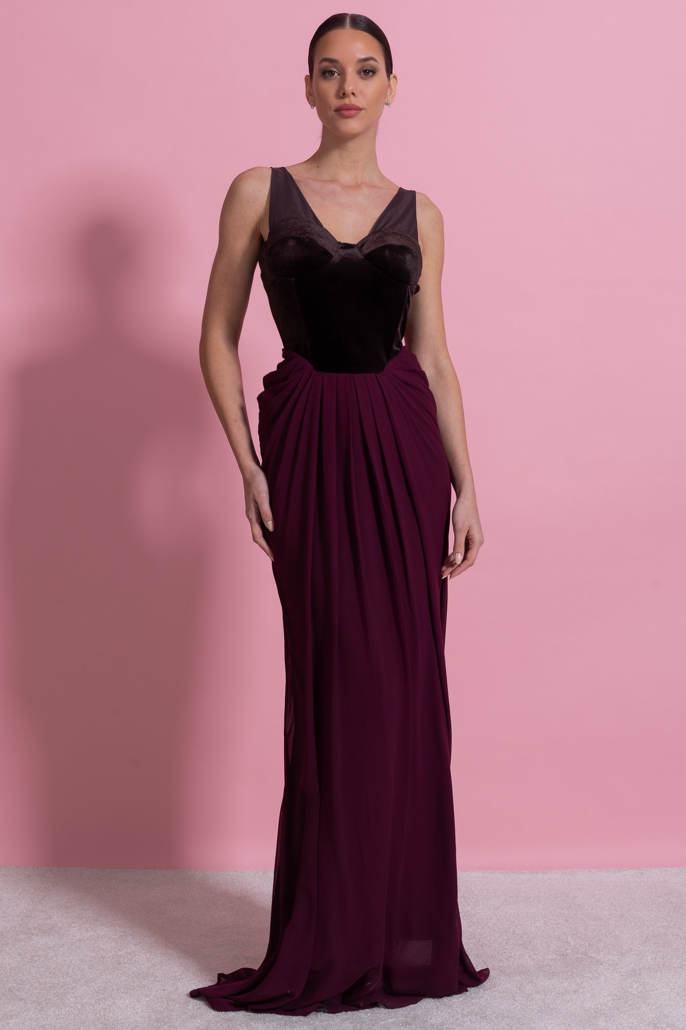 Robe Maxi avec Corset en Velours et Jupe Flottante - Bourgogne 