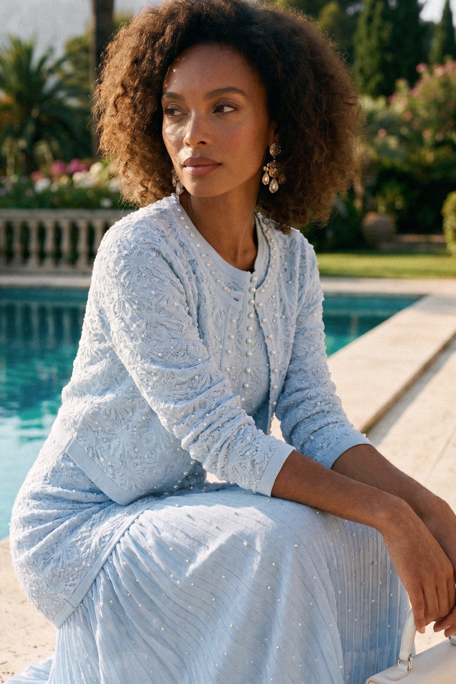 Embellished Long Sleeve Cardigan With Pearl Button Closure - Blue