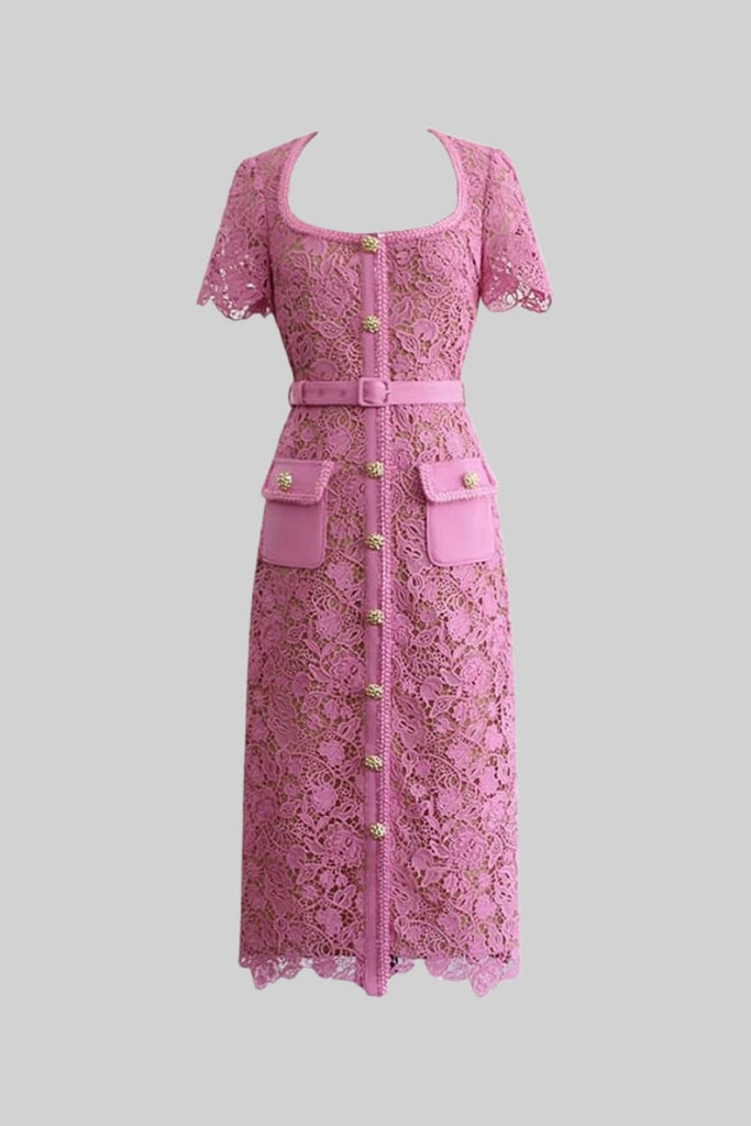 Robe Midi en Dentelle à Manches Courtes Exquise - Rose 