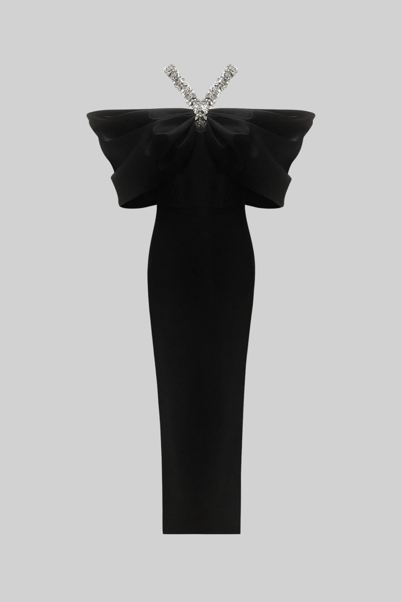 Embellished Bow-Neck Maxi Dress with Crystal Straps – Black