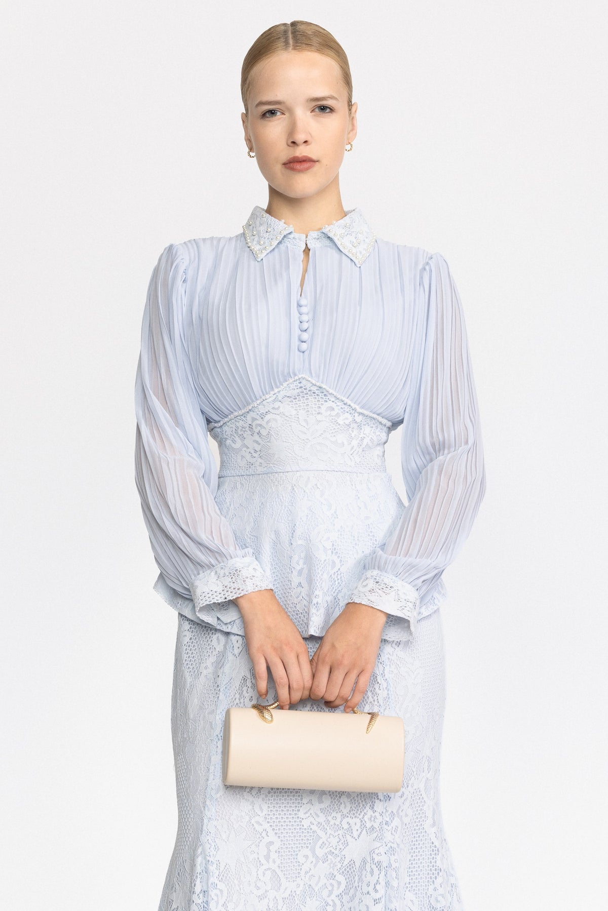 Pleated Chiffon Lace Peplum Blouse and Maxi Skirt Set - Light Blue