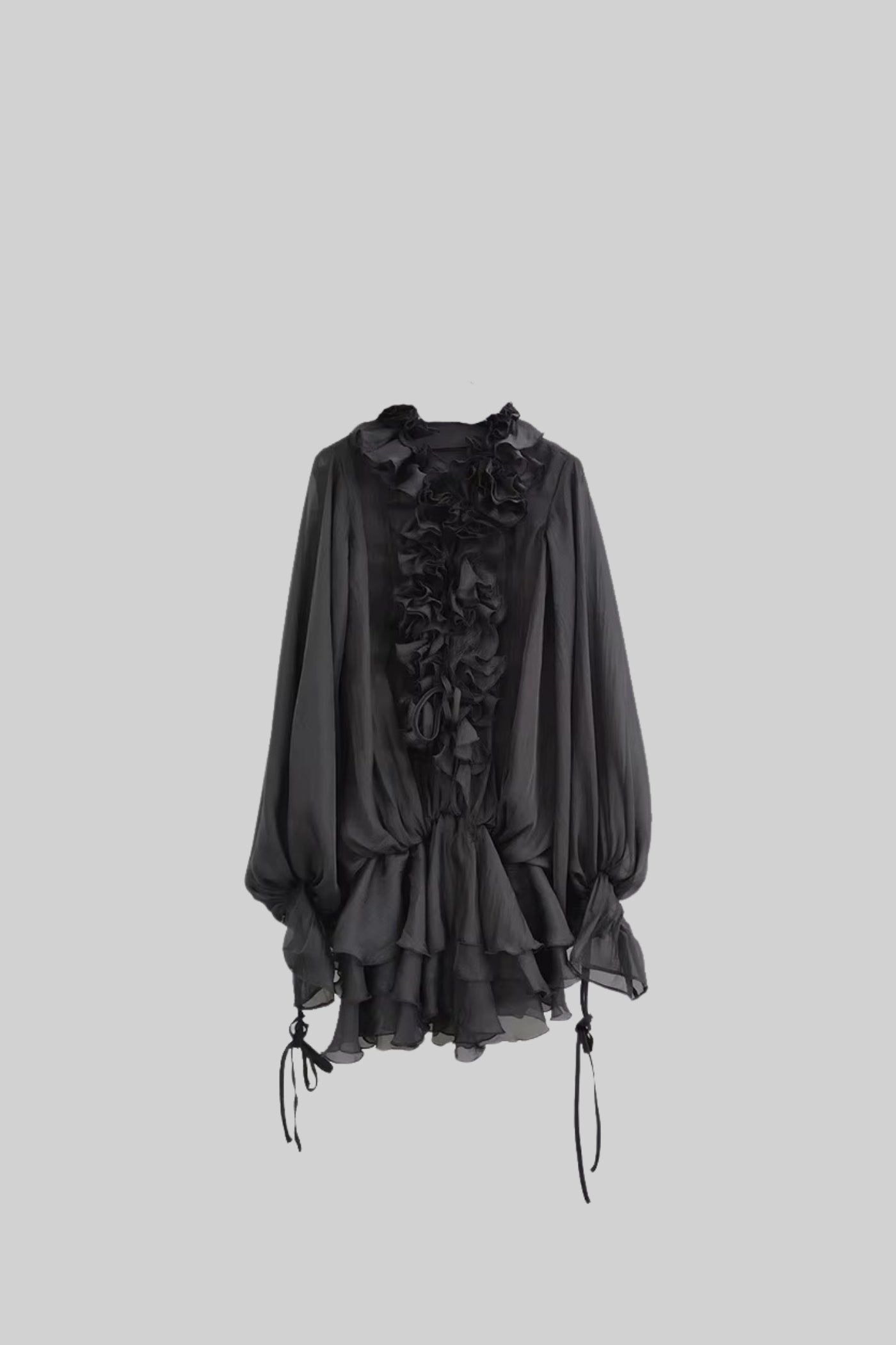 Robe fluide en voile avec appliques florales et manches longues bouffantes - Noir 