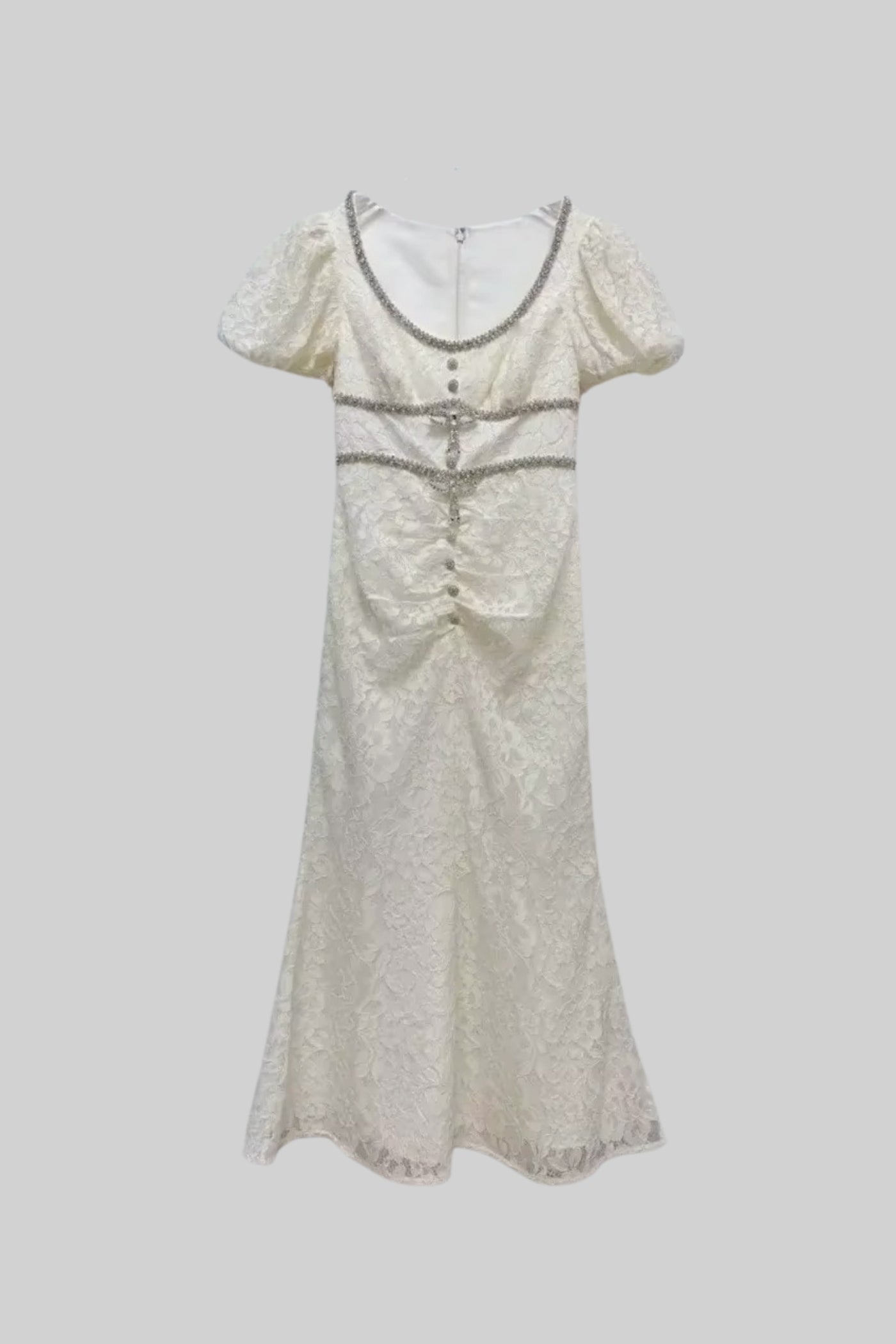 Short Sleeved Lace Dress With Short Puff Sleeves And Scoop Neckline - Ivoire