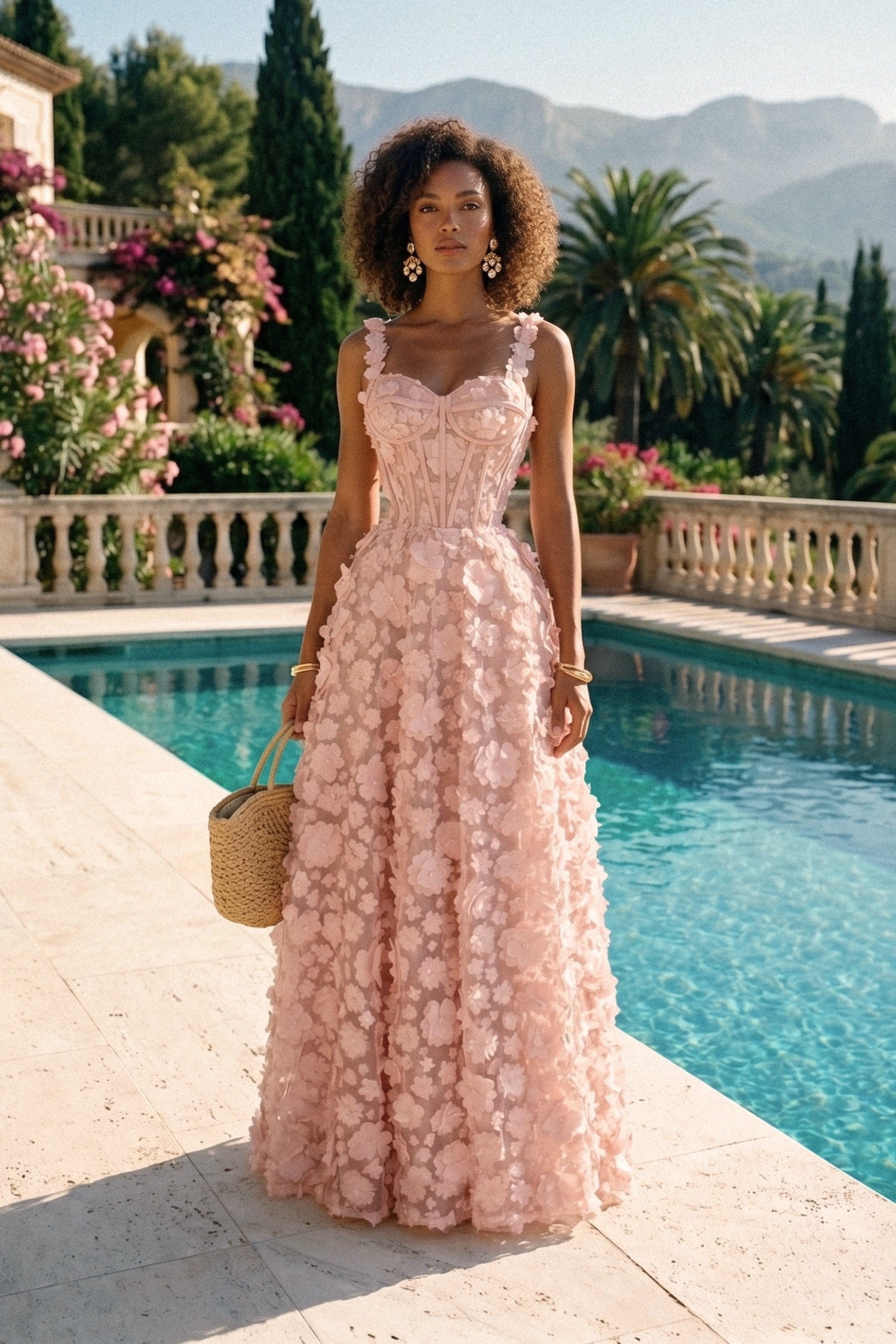 Robe longue à appliqués floraux avec bustier corseté - Rose 