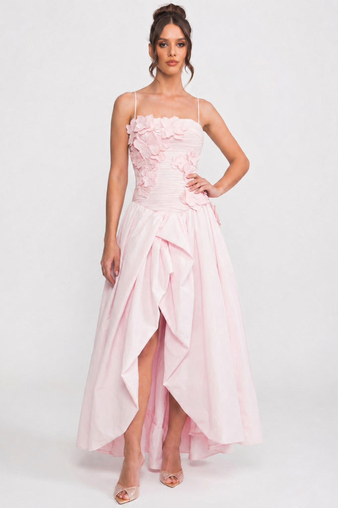 Robe de bal bustier avec corsage floral en 3D et jupe ample - Rose 