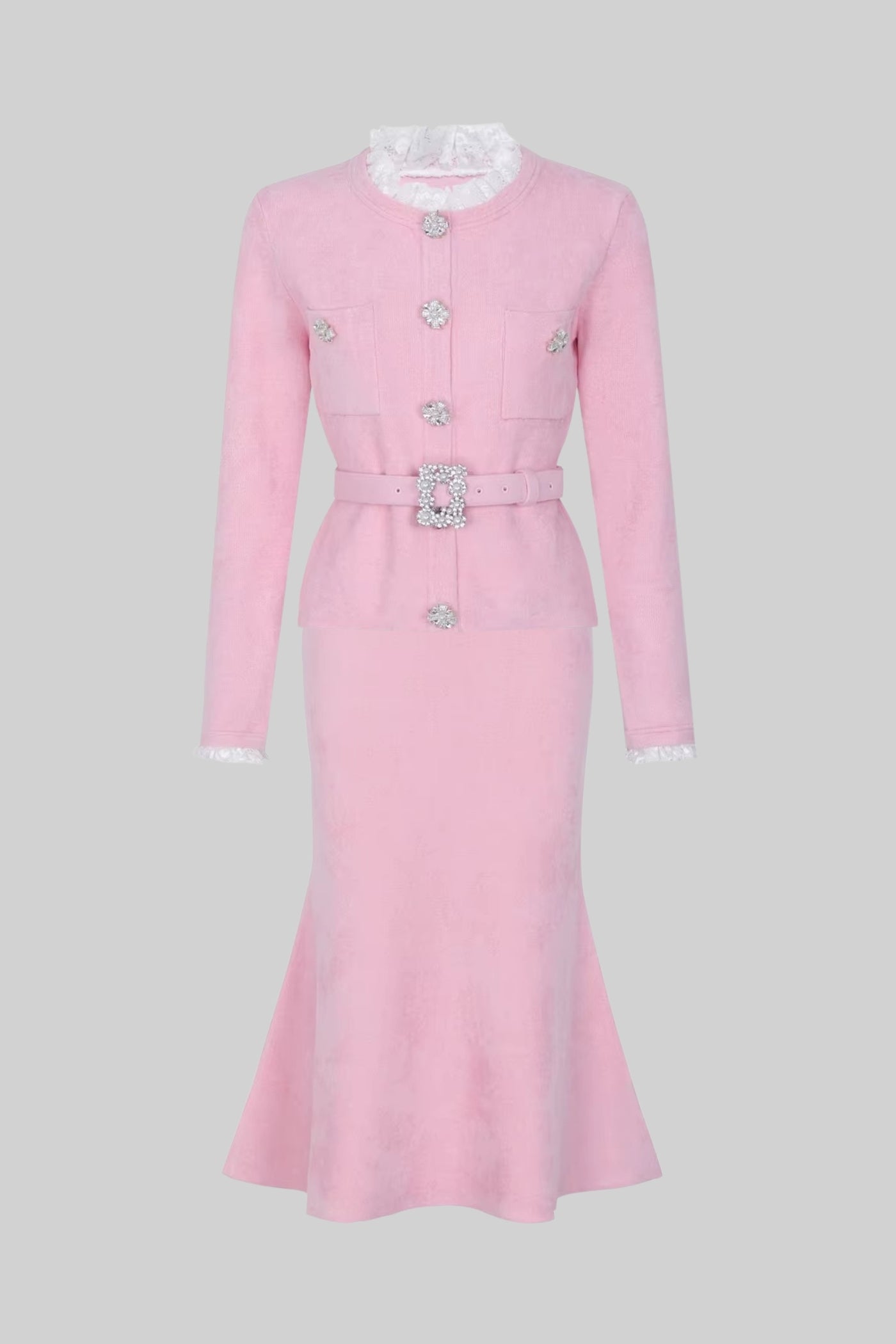 Ensemble à manches longues avec corsage en maille ajustée et détail de boutons en cristal - Blush Pink 